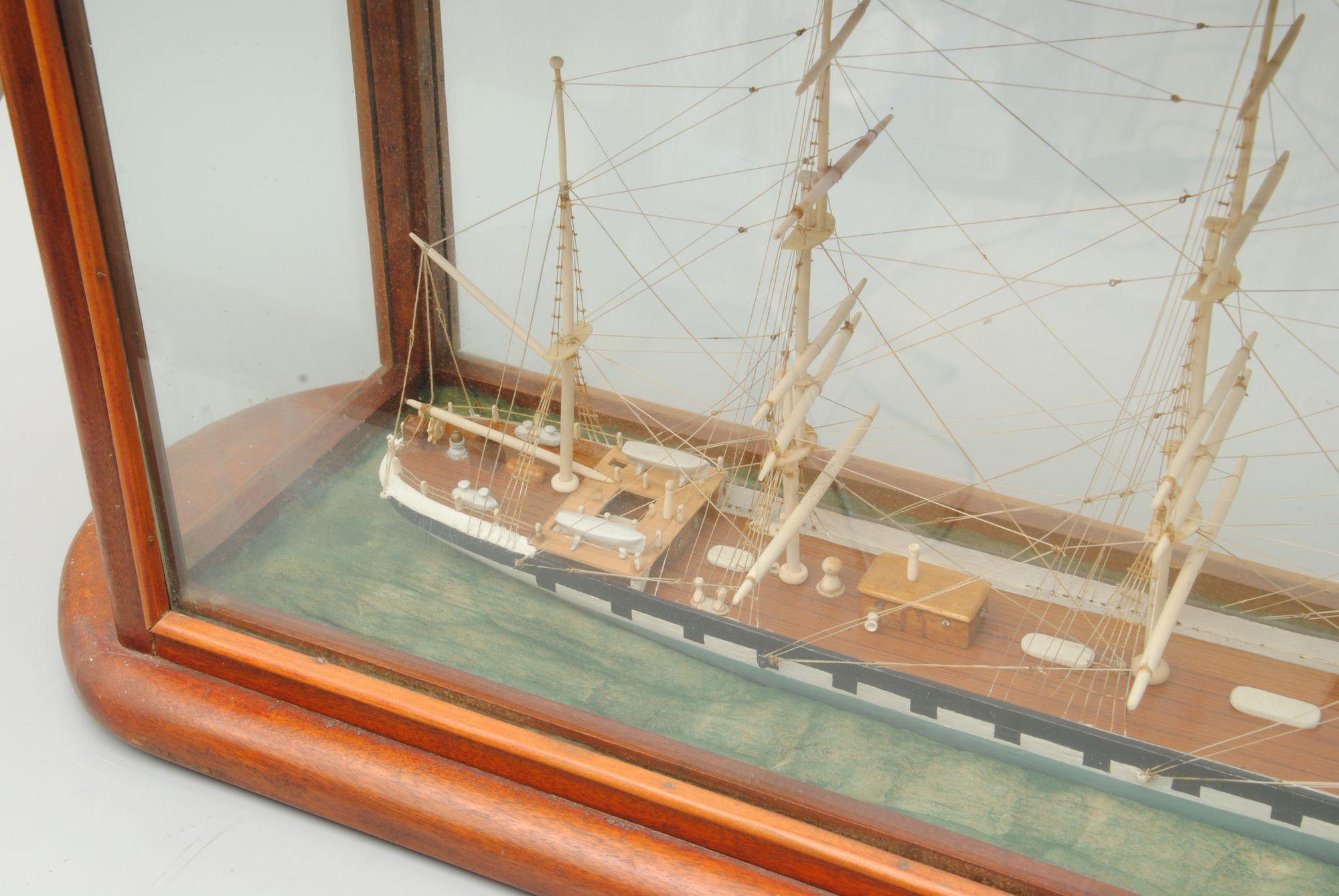 Glass 19th Century Sailor Work Bone Model of a Four Masted Schooner Named Peggy For Sale