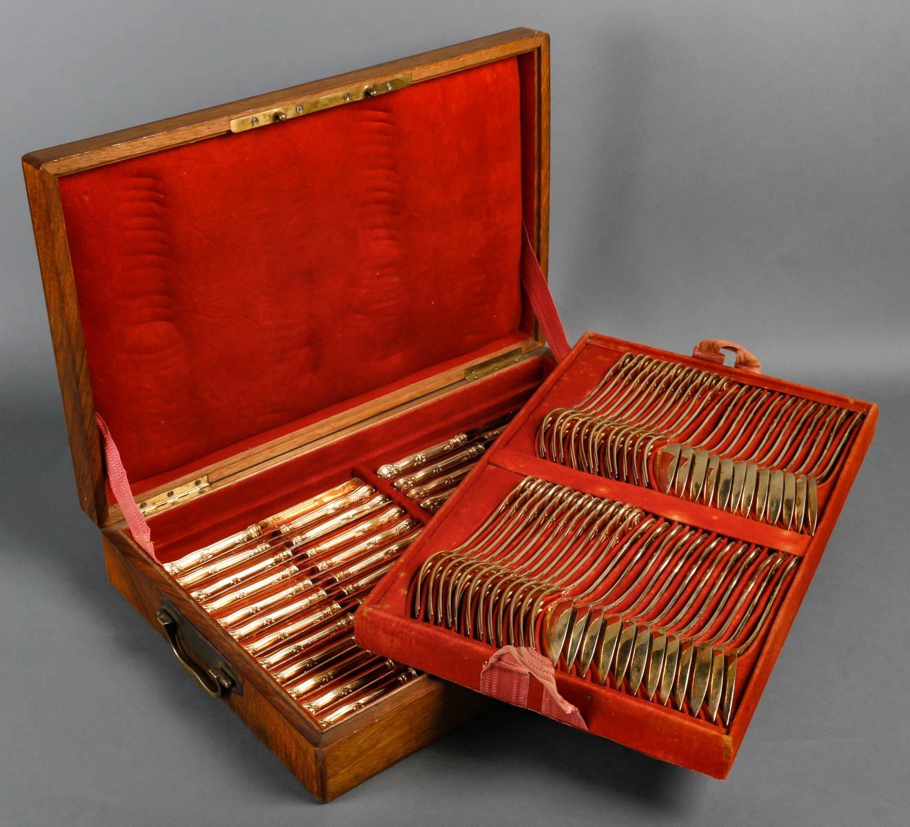 A 19th Century Silver Gilt Dessert and Cheese Service by Odiot Orfèvre du Roy Paris

A 19th Century Silver Gilt 96 pieces Dessert and Cheese Service
Two trays composed of 24 spoons, 24 forks and 48 knives
Louis XV Style
Each stamped ODIOT with