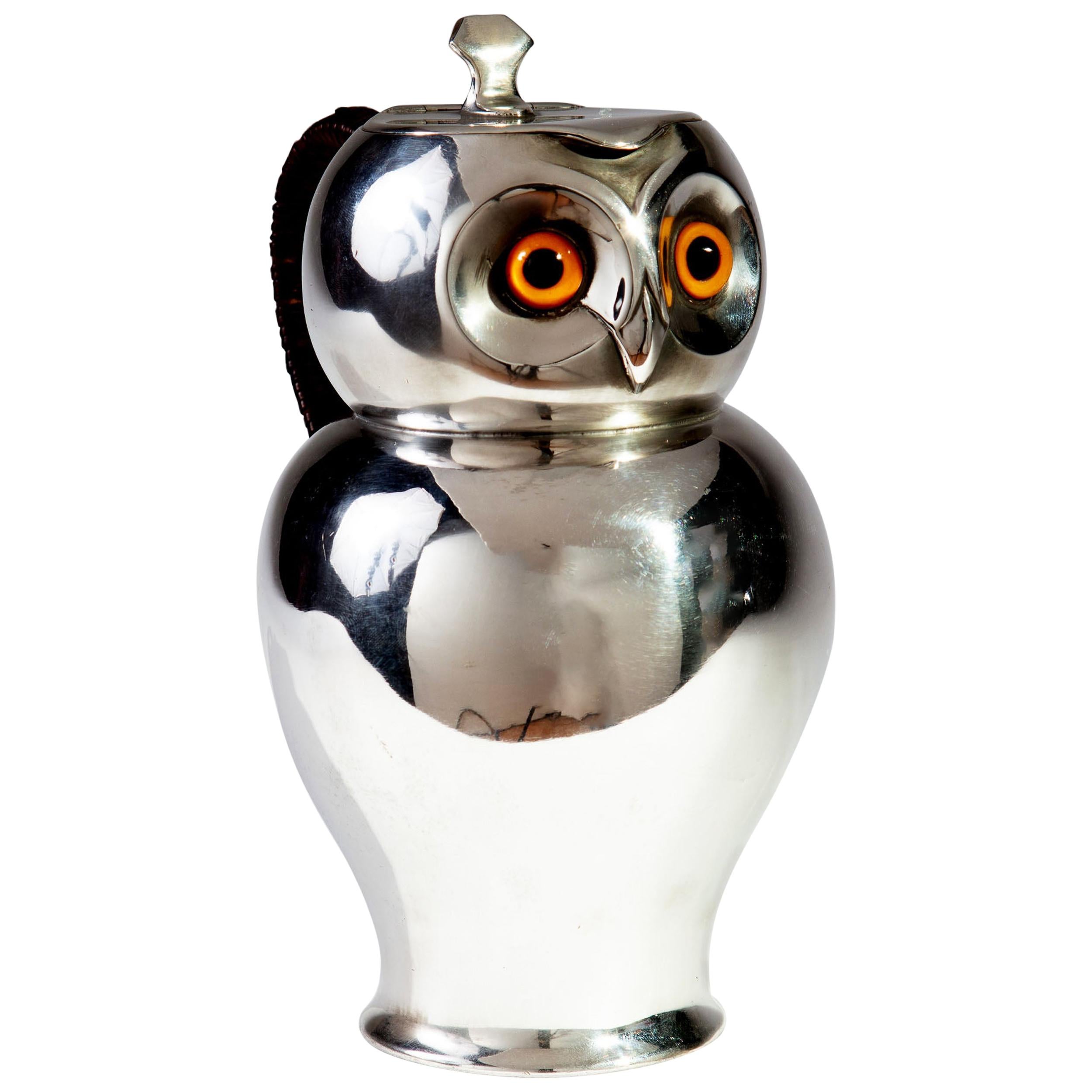 19th Century Silver Hot Chocolate Pot in the Form of an Owl, HJ LINTON, Paris