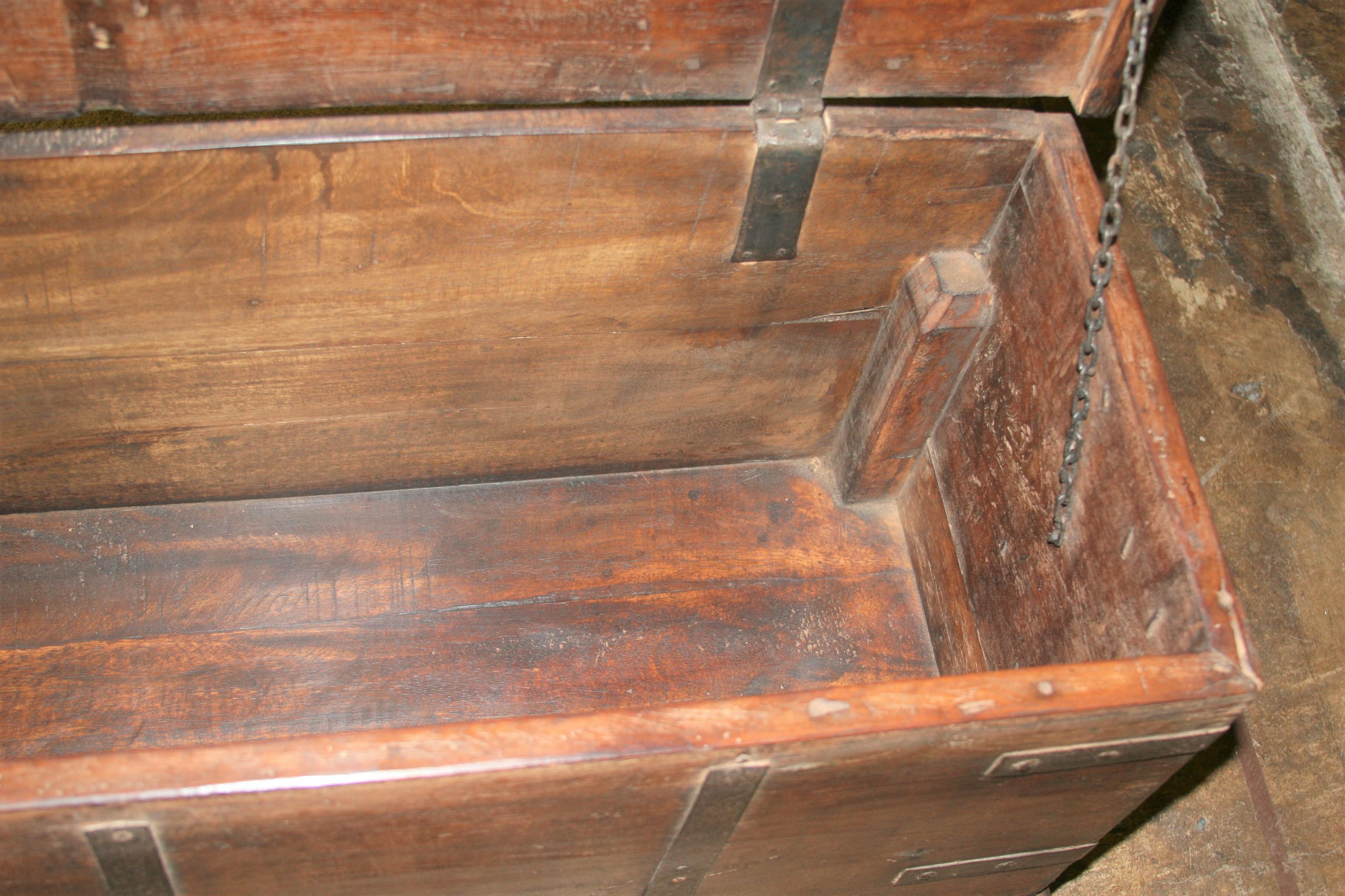 19th Century Solid Teak Wood Dowry Chest Modified as Storage Bench for Bed For Sale 6