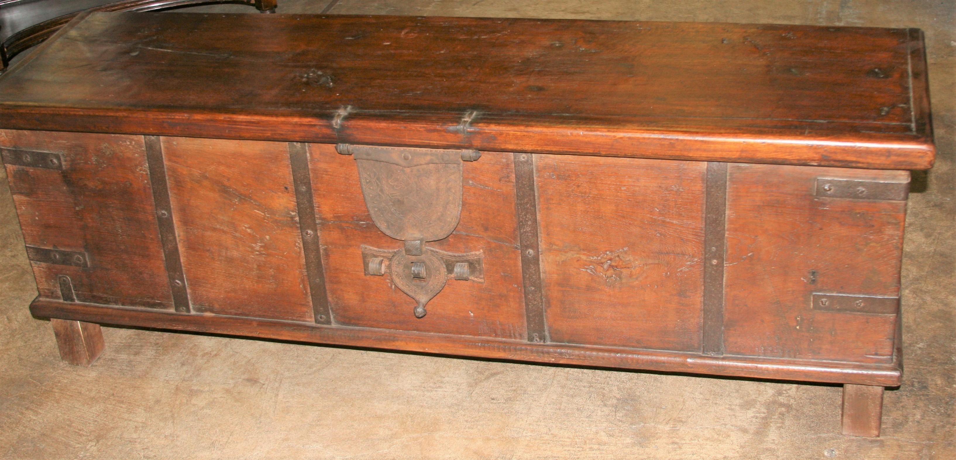 Indian 19th Century Solid Teak Wood Dowry Chest Modified as Storage Bench for Bed For Sale