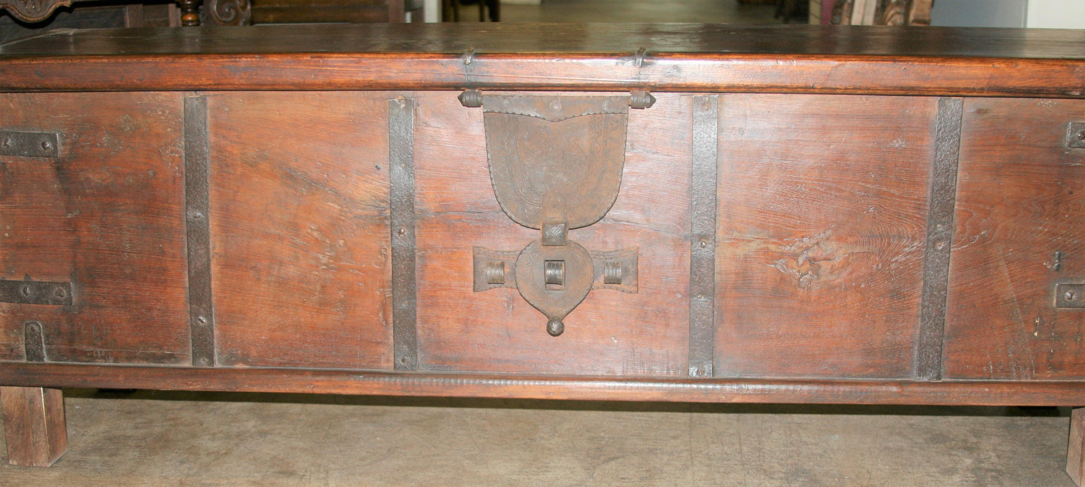 Hand-Crafted 19th Century Solid Teak Wood Dowry Chest Modified as Storage Bench for Bed For Sale