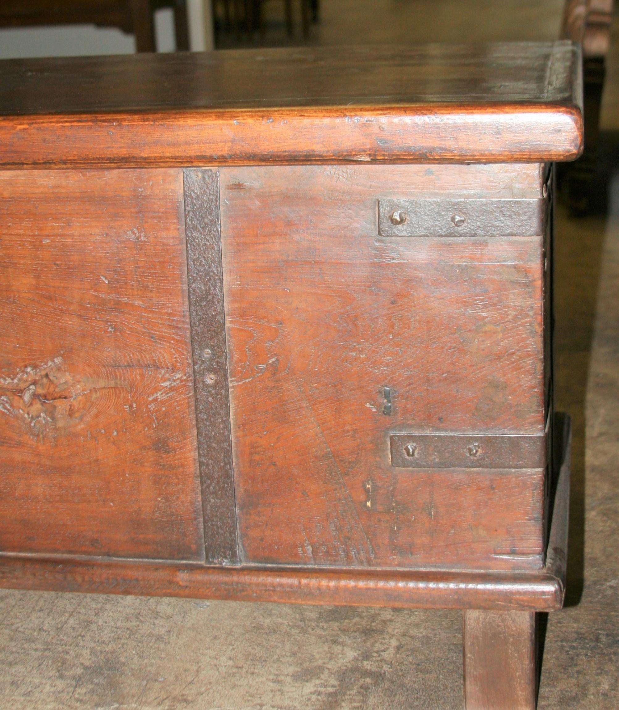19th Century Solid Teak Wood Dowry Chest Modified as Storage Bench for Bed In Good Condition For Sale In Houston, TX