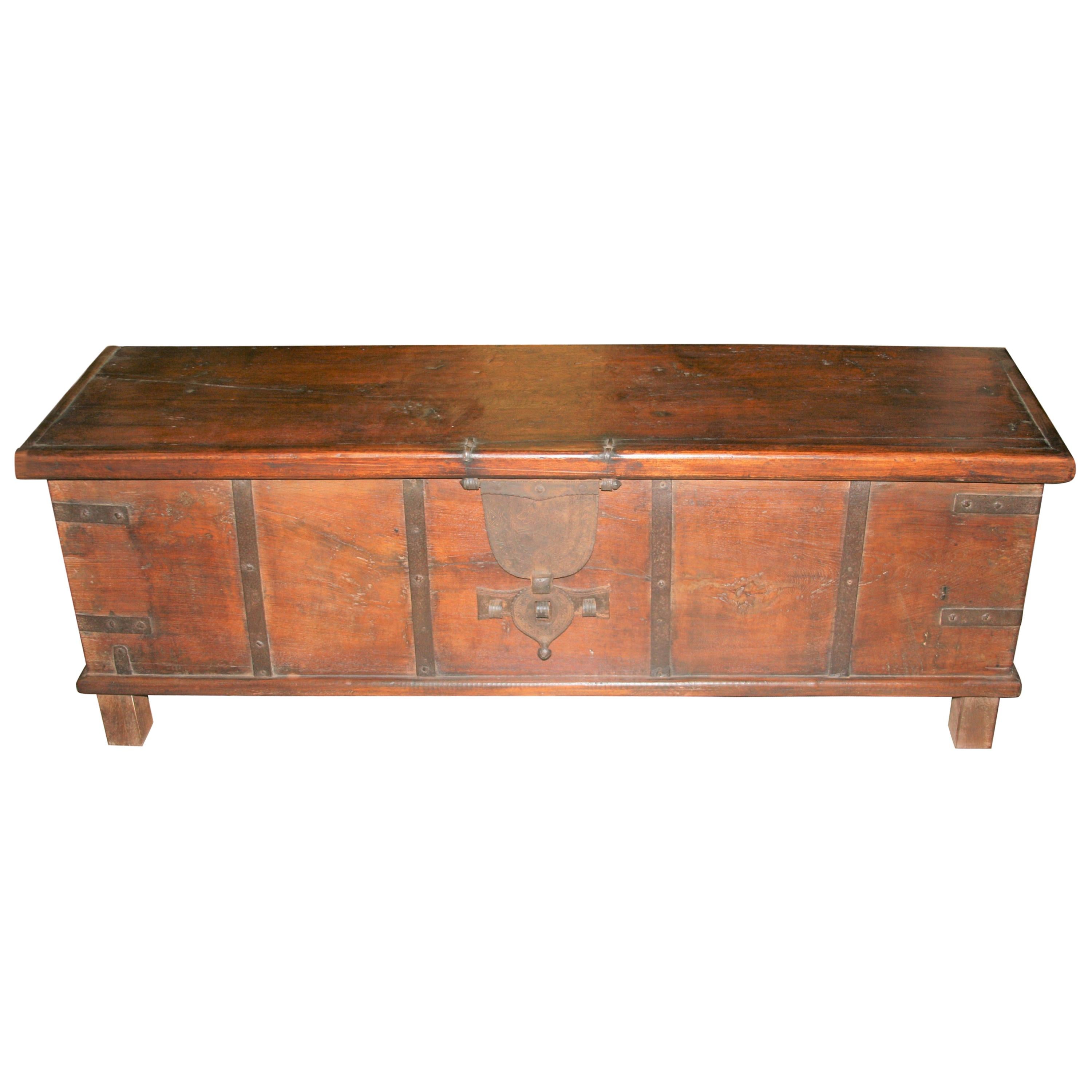 19th Century Solid Teak Wood Dowry Chest Modified as Storage Bench for Bed For Sale