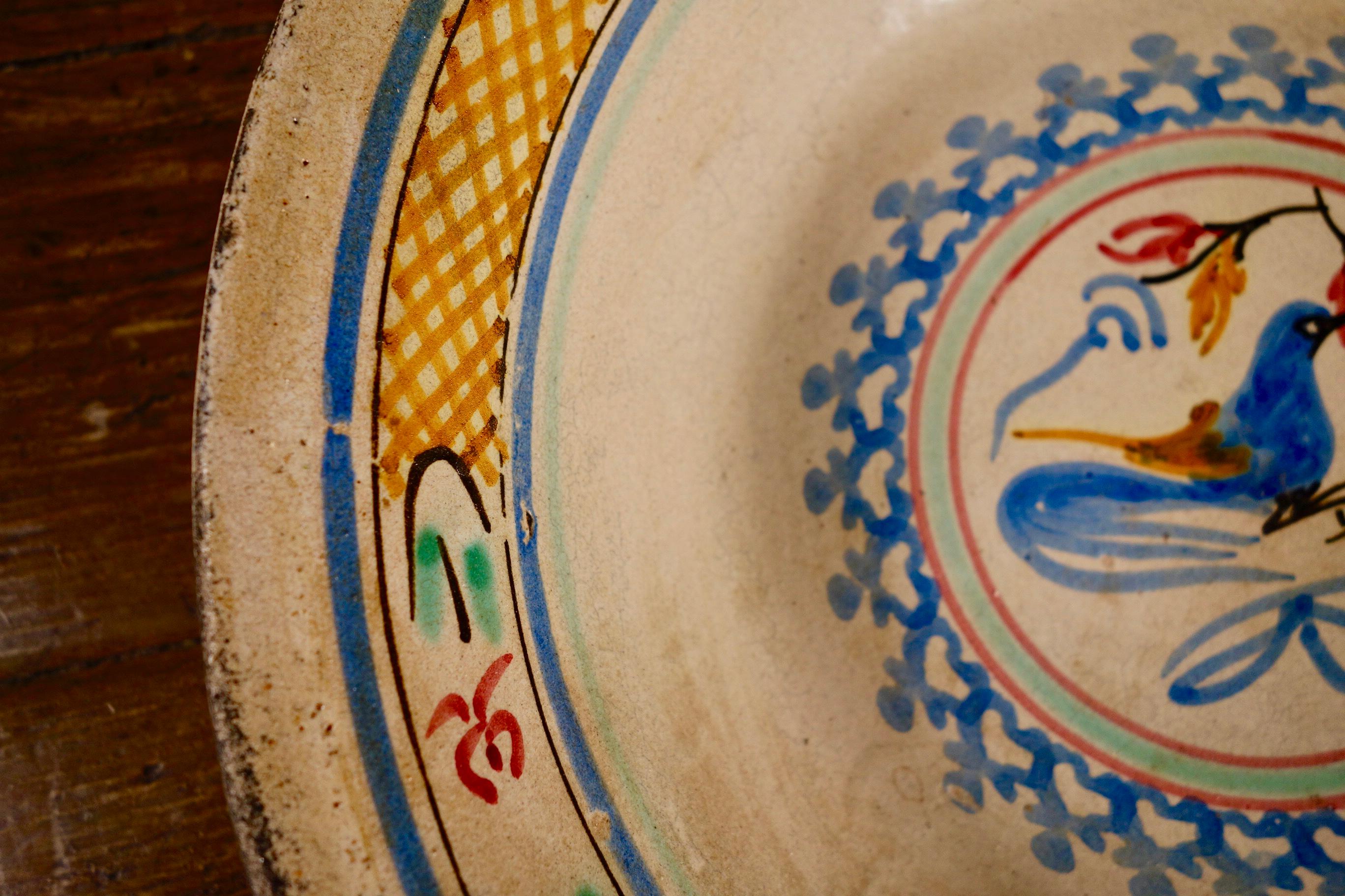 Ceramic 19th Century Spanish Tin Glaze Bowl with Bird Decoration Colorful