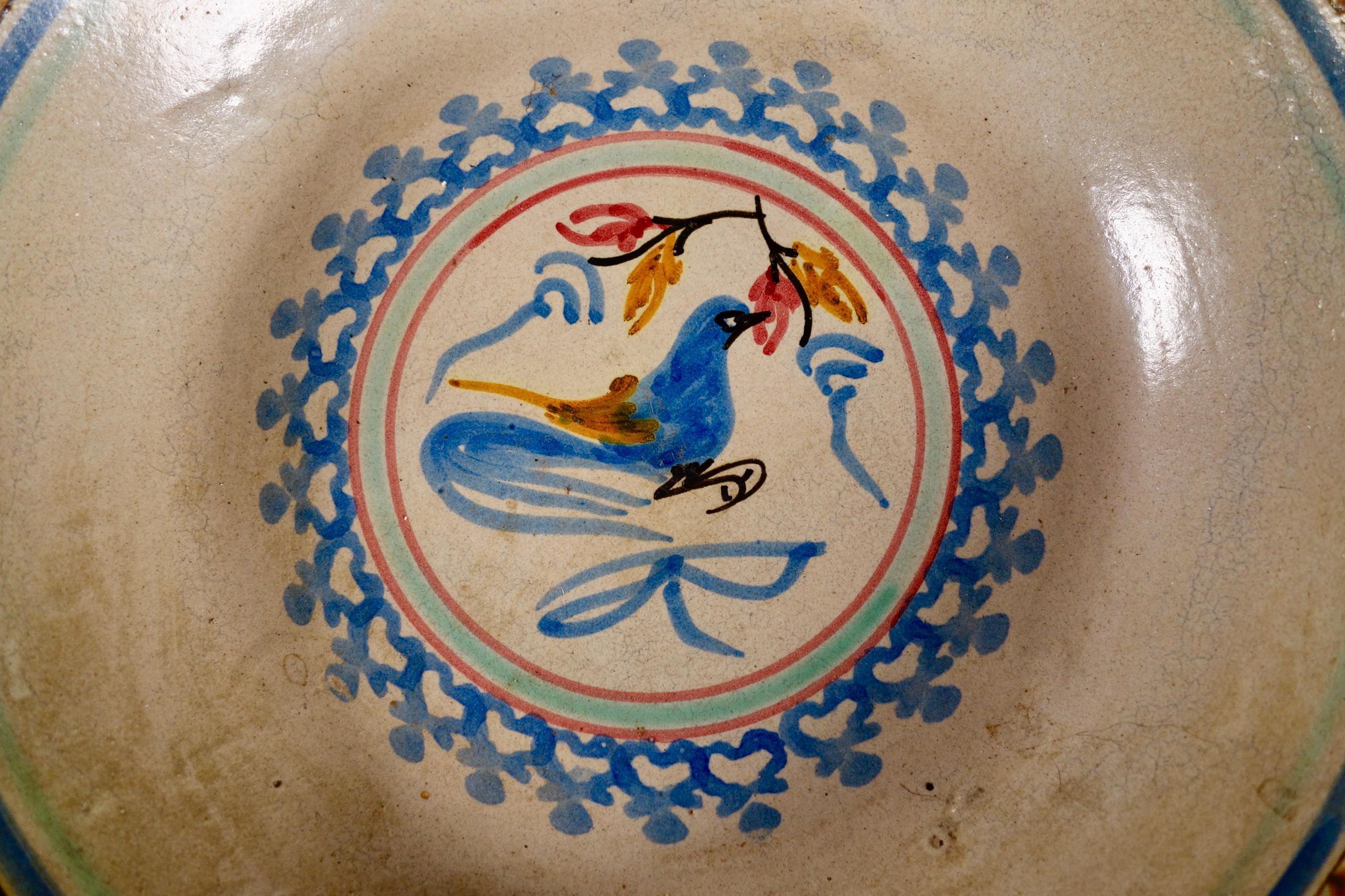 19th Century Spanish Tin Glaze Bowl with Bird Decoration Colorful 4