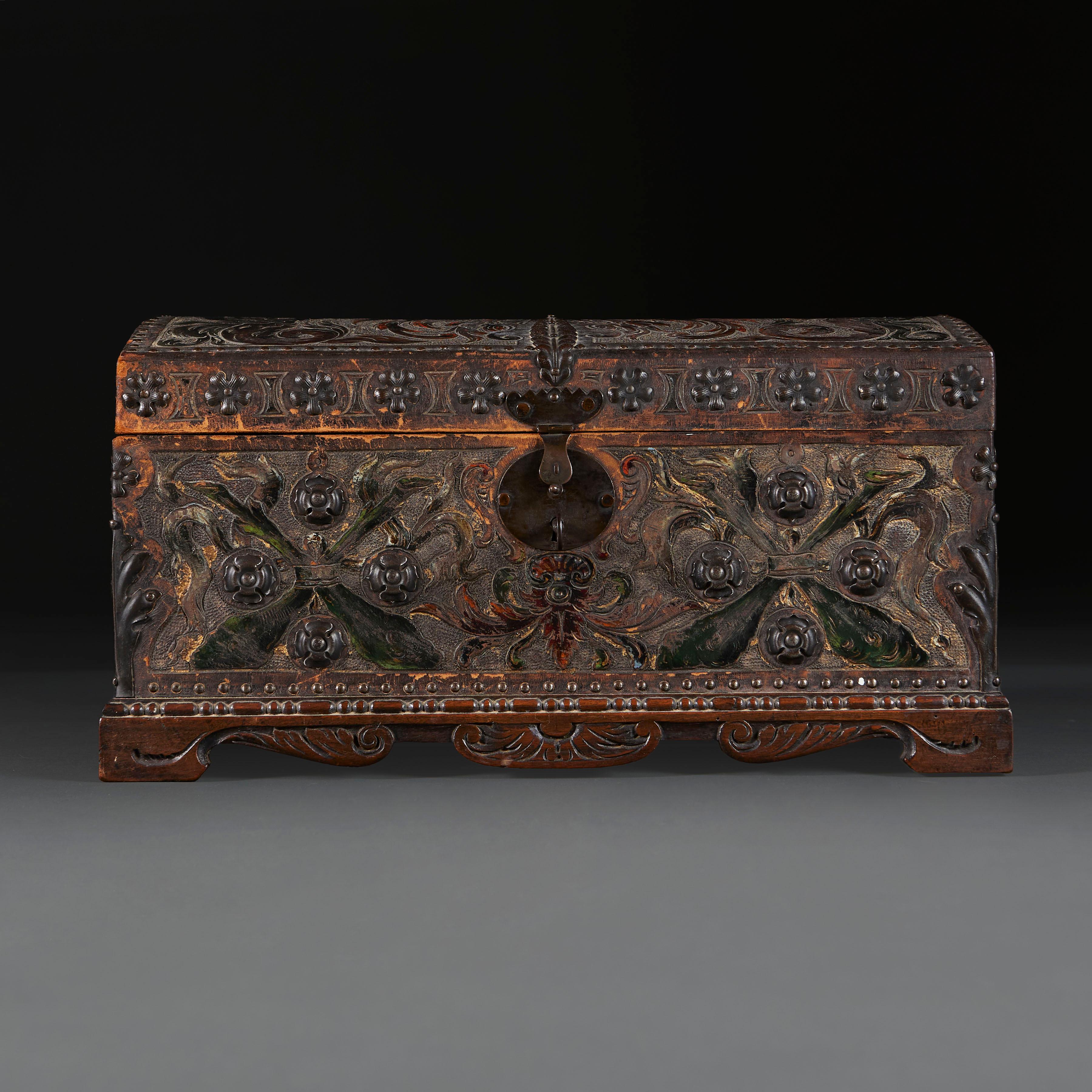 A 19th Century Spanish Tooled Leather Domed Casket  For Sale 1