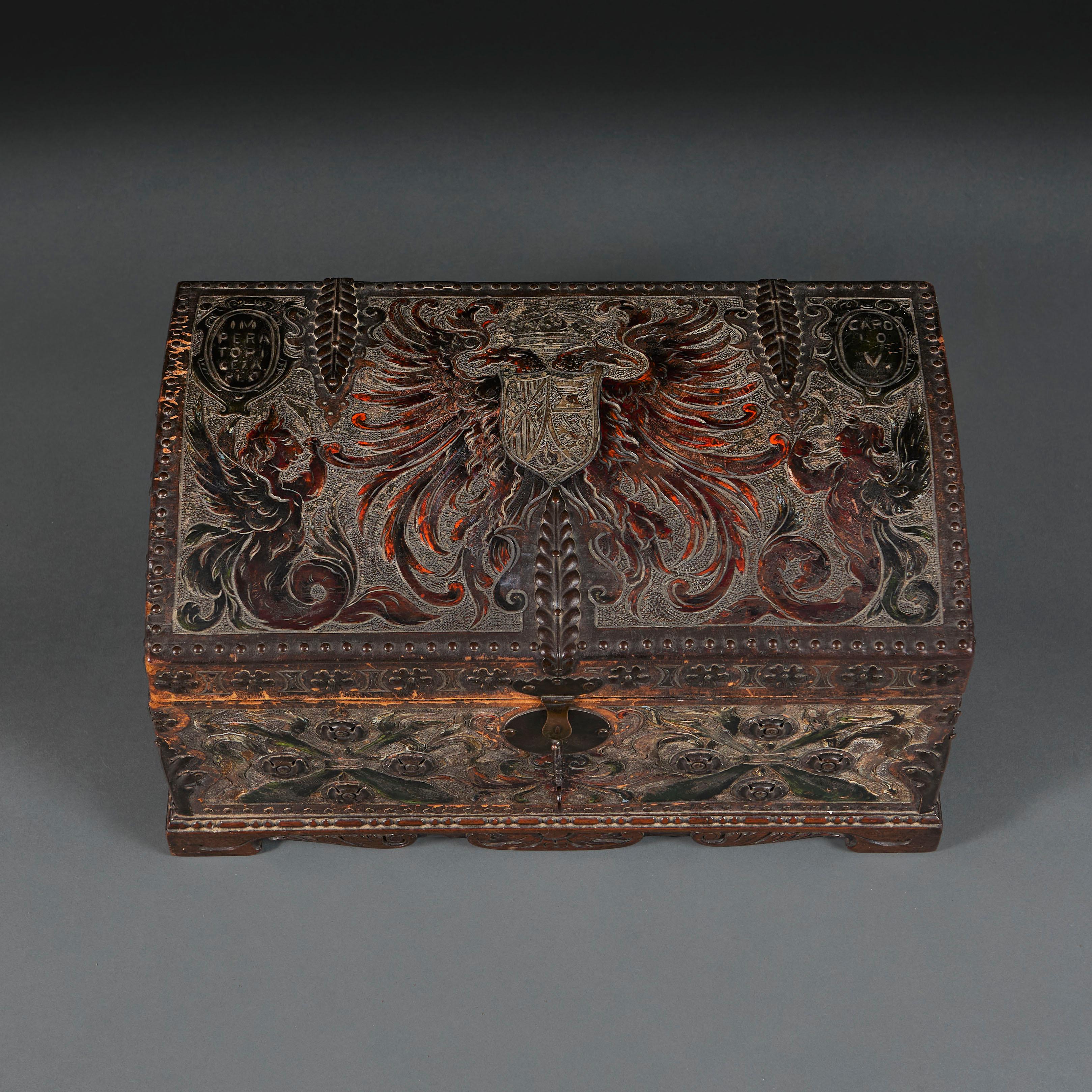 A 19th Century Spanish Tooled Leather Domed Casket  For Sale 2