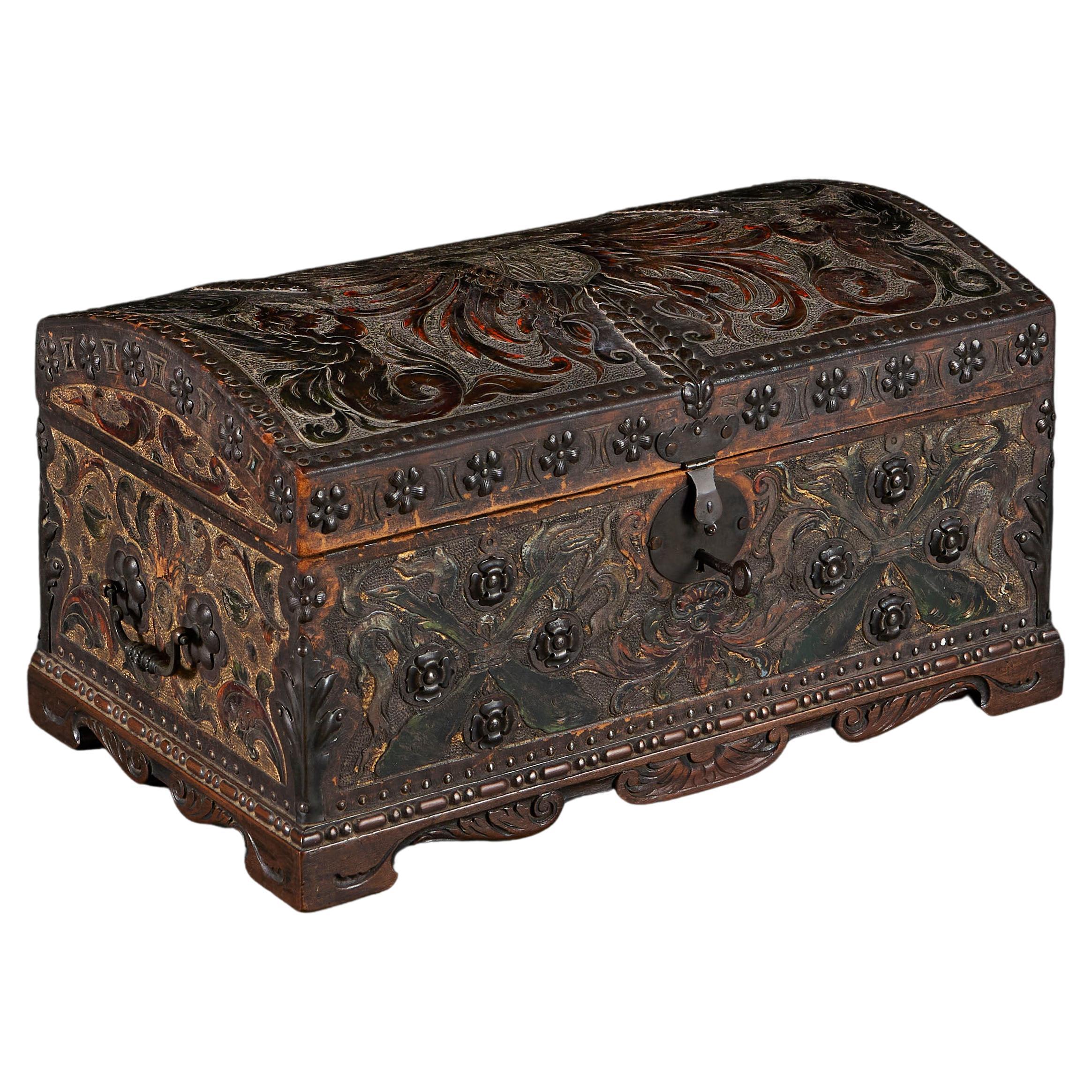 A 19th Century Spanish Tooled Leather Domed Casket  For Sale