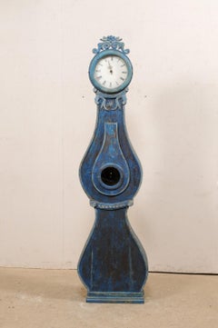 19th Century Swedish Fryksdahl Floor Clock in Blue W/Floral Carved Crest
