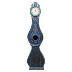 19th Century Swedish Fryksdahl Floor Clock in Blue W/Floral Carved Crest