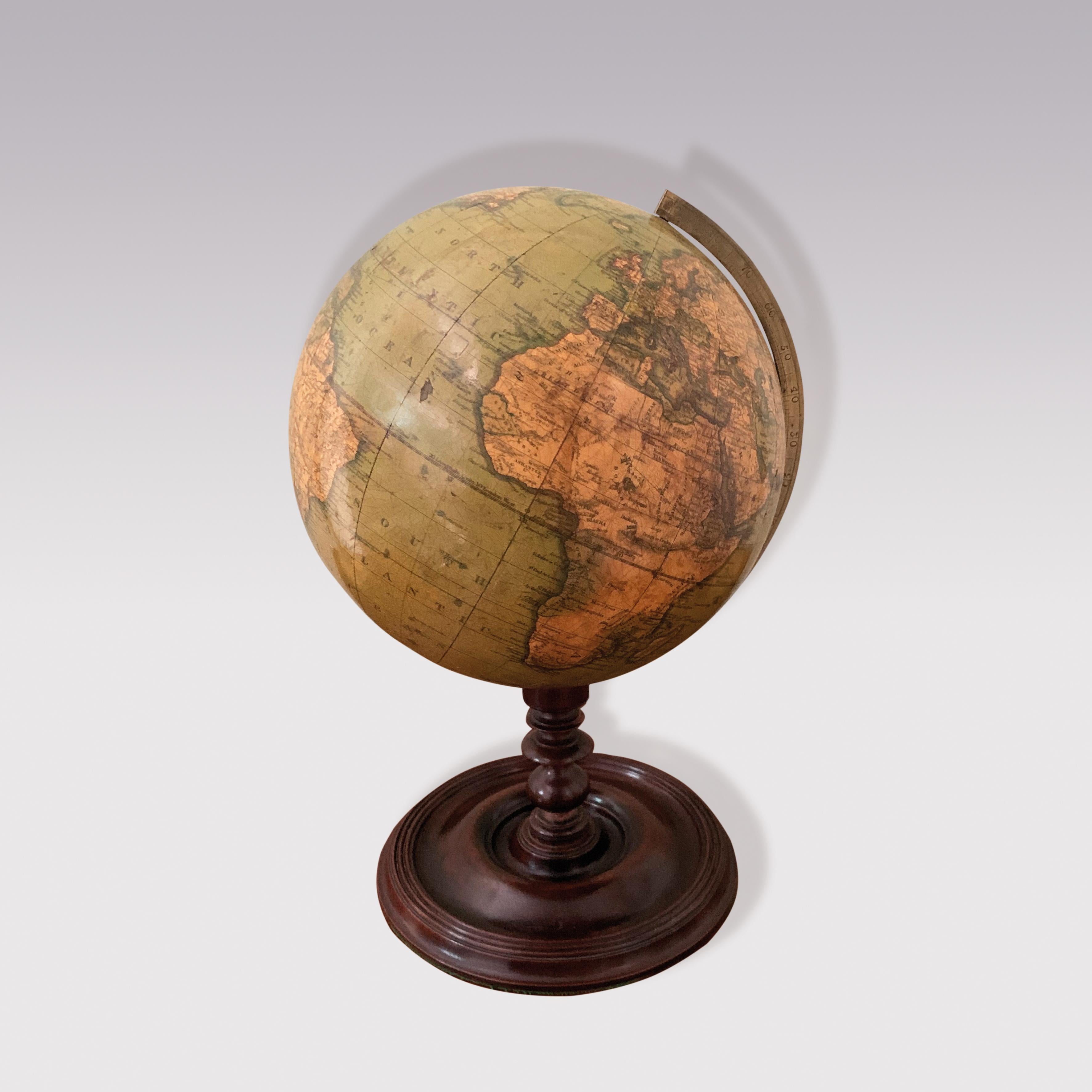 A mid 19th century 9 inch “Newton’s New and improved terrestrial table globe”, retaining good original colour, supported on mahogany ring-turned & moulded platform base.