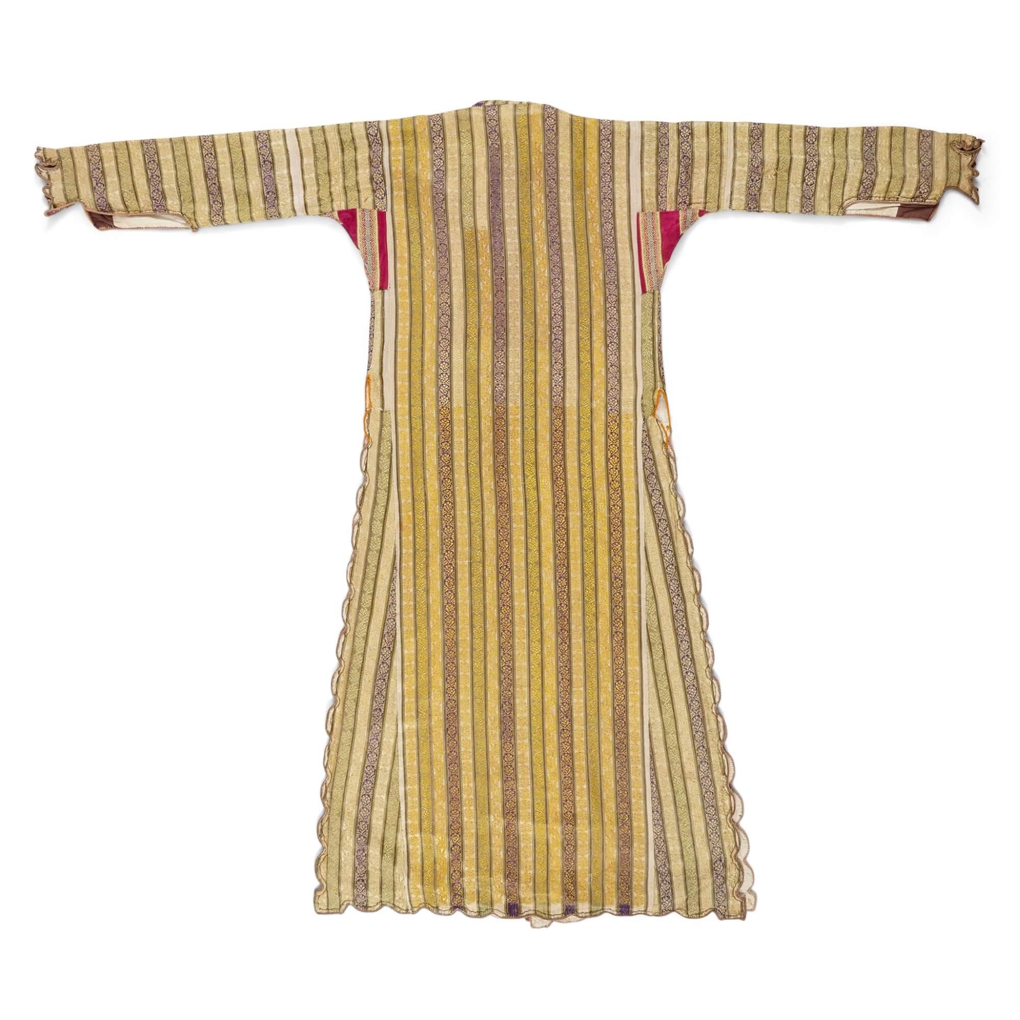 A 19th Century Turkish ottoman period kaftan
Height 136cm, width 159cm

This antique kaftan dates from the Ottoman period in Turkey during the 19th Century, and will make an excellent addition to an antique clothing collection as well as a fine