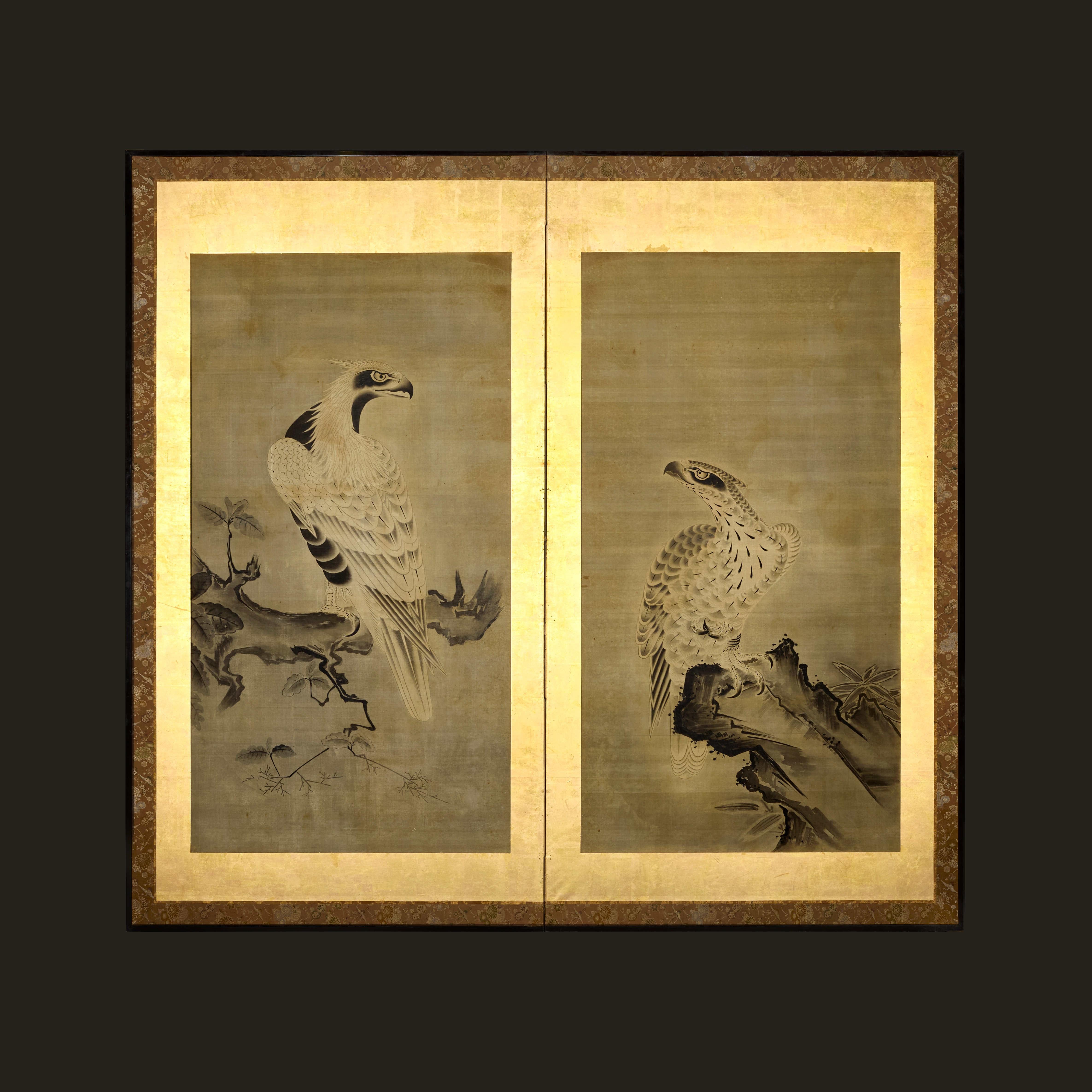 Japan, Meiji period, Circa 1860

A rare two fold silk screen graphically painted with hunting hawks in profile, perched on craggy outcrops, framed within a gold border and textile outer border.

Height 177.00cm
Width 190.00cm