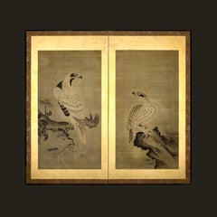 A 19th Century Two-Fold Japanese Silk Screen Painting Depicting Hawks