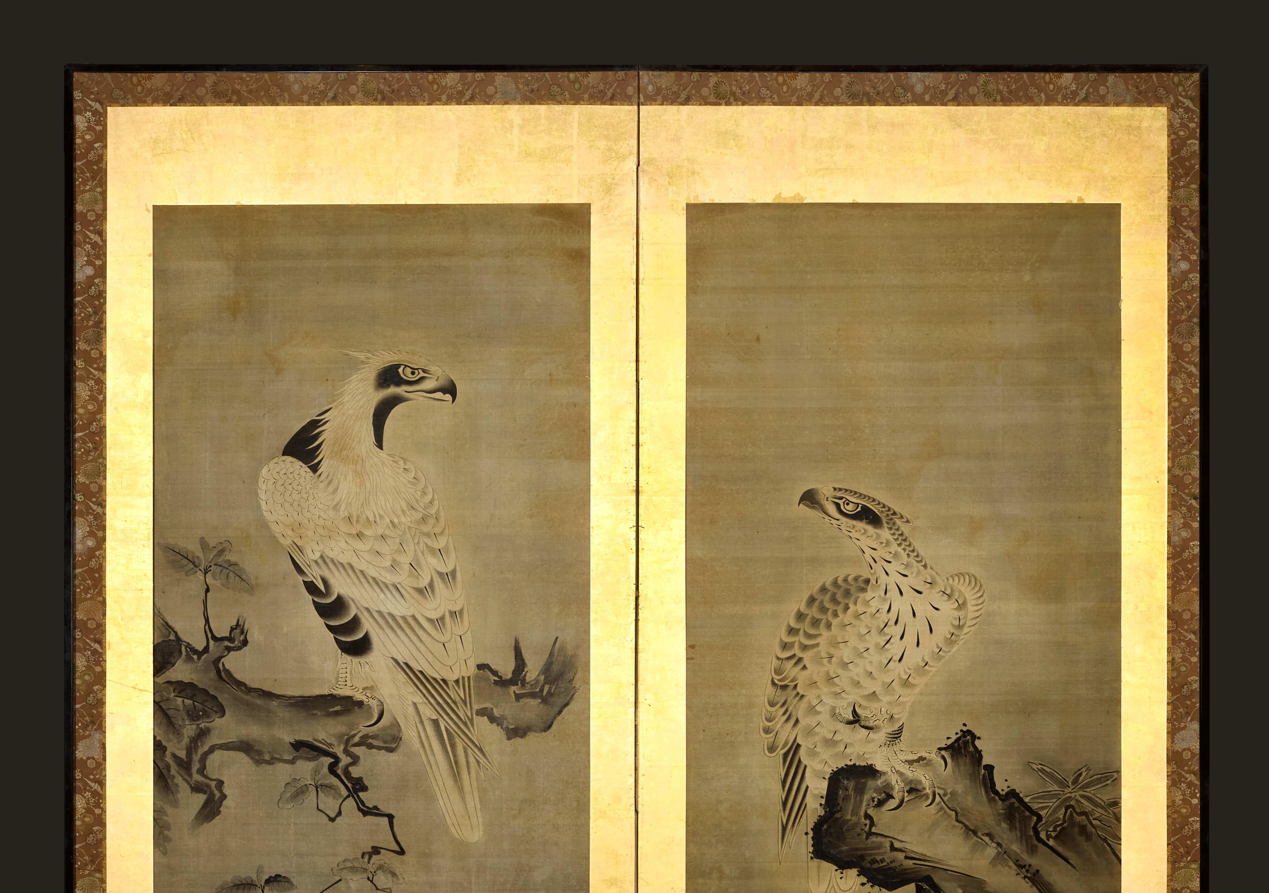 Meiji A 19th Century Two-Fold Japanese Silk Screen Painting Depicting Hawks