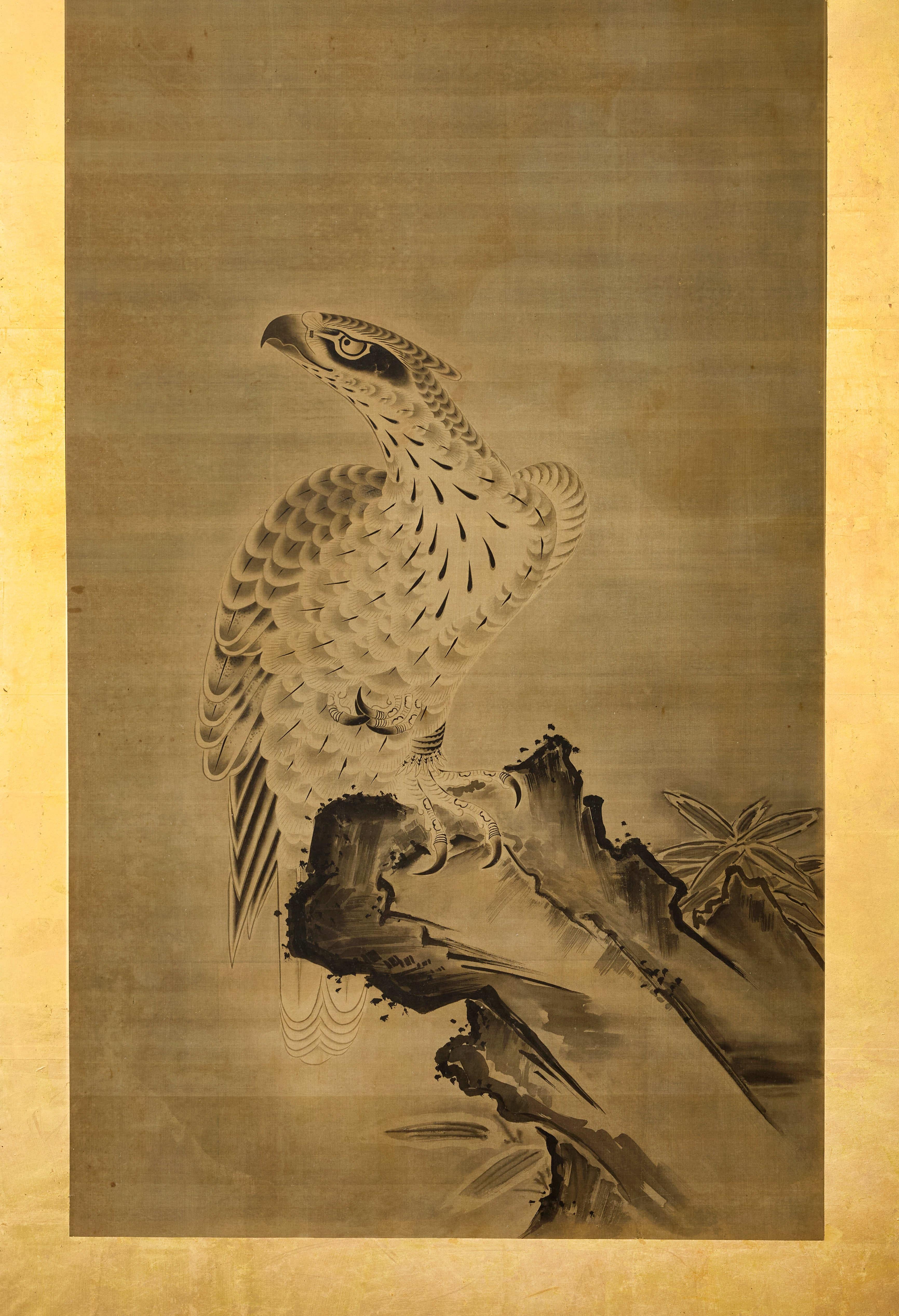 Hand-Painted A 19th Century Two-Fold Japanese Silk Screen Painting Depicting Hawks