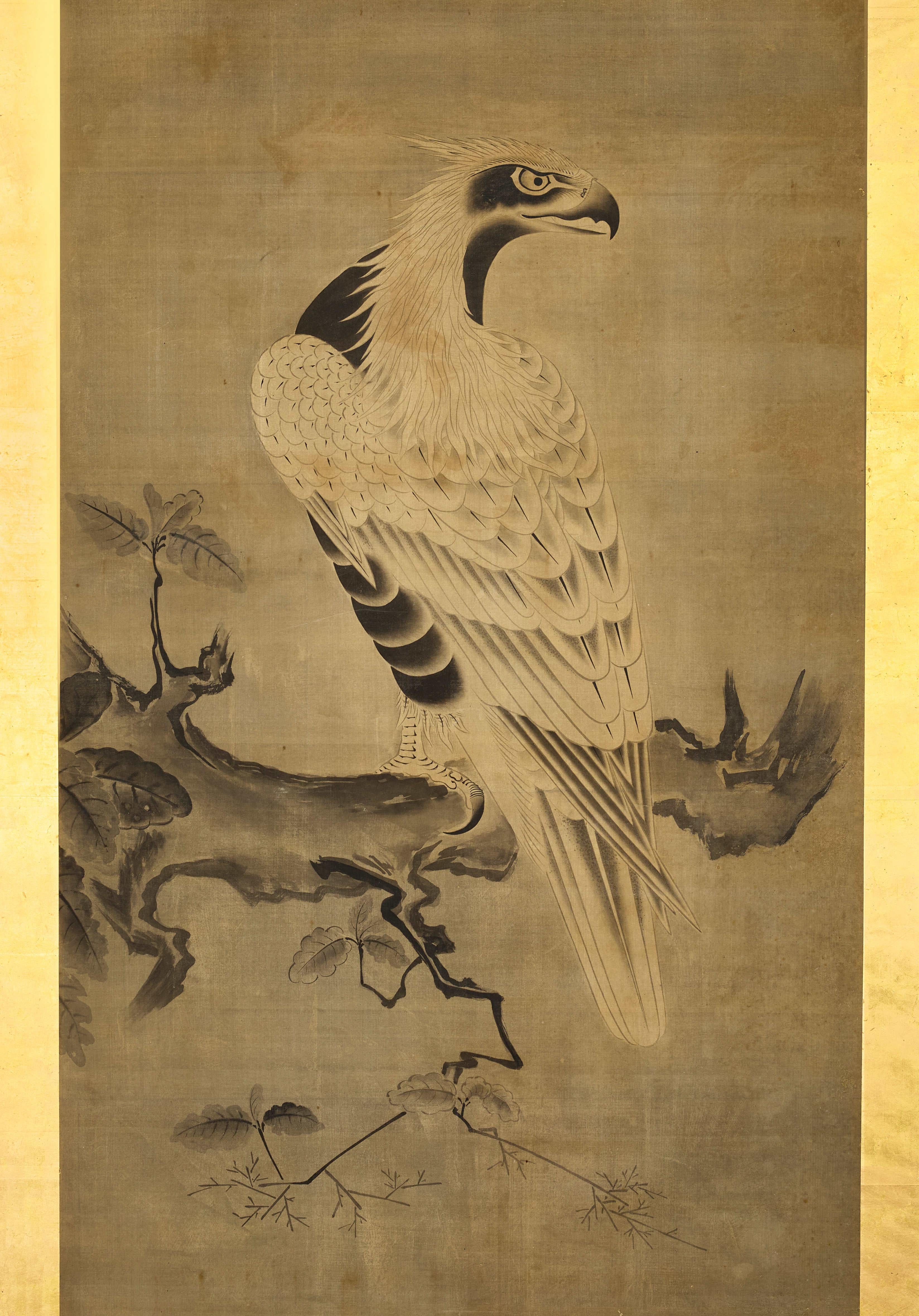 A 19th Century Two-Fold Japanese Silk Screen Painting Depicting Hawks In Good Condition In London, GB