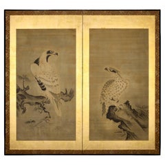 A 19th Century Two-Fold Japanese Silk Screen Painting Depicting Hawks