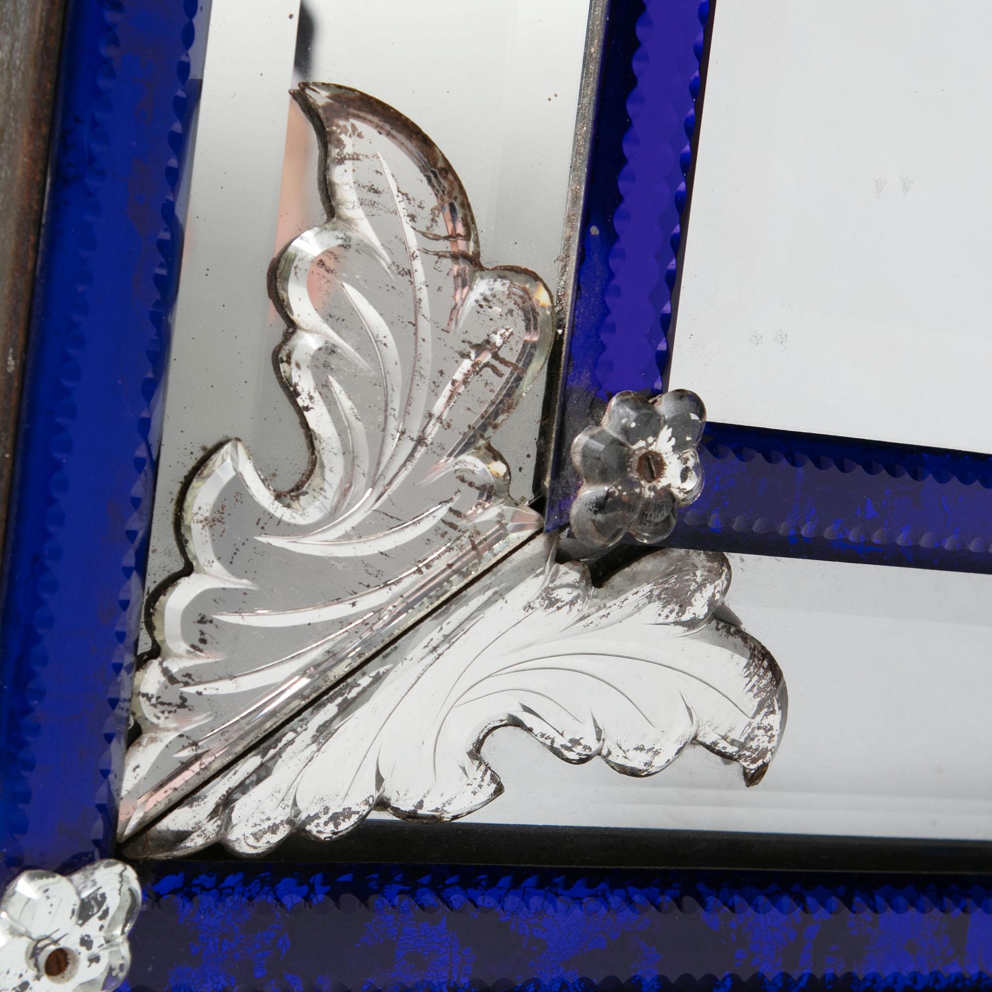 Italian 19th Century Venetian Mirror with Blue Glass Borders and Mercury Plate