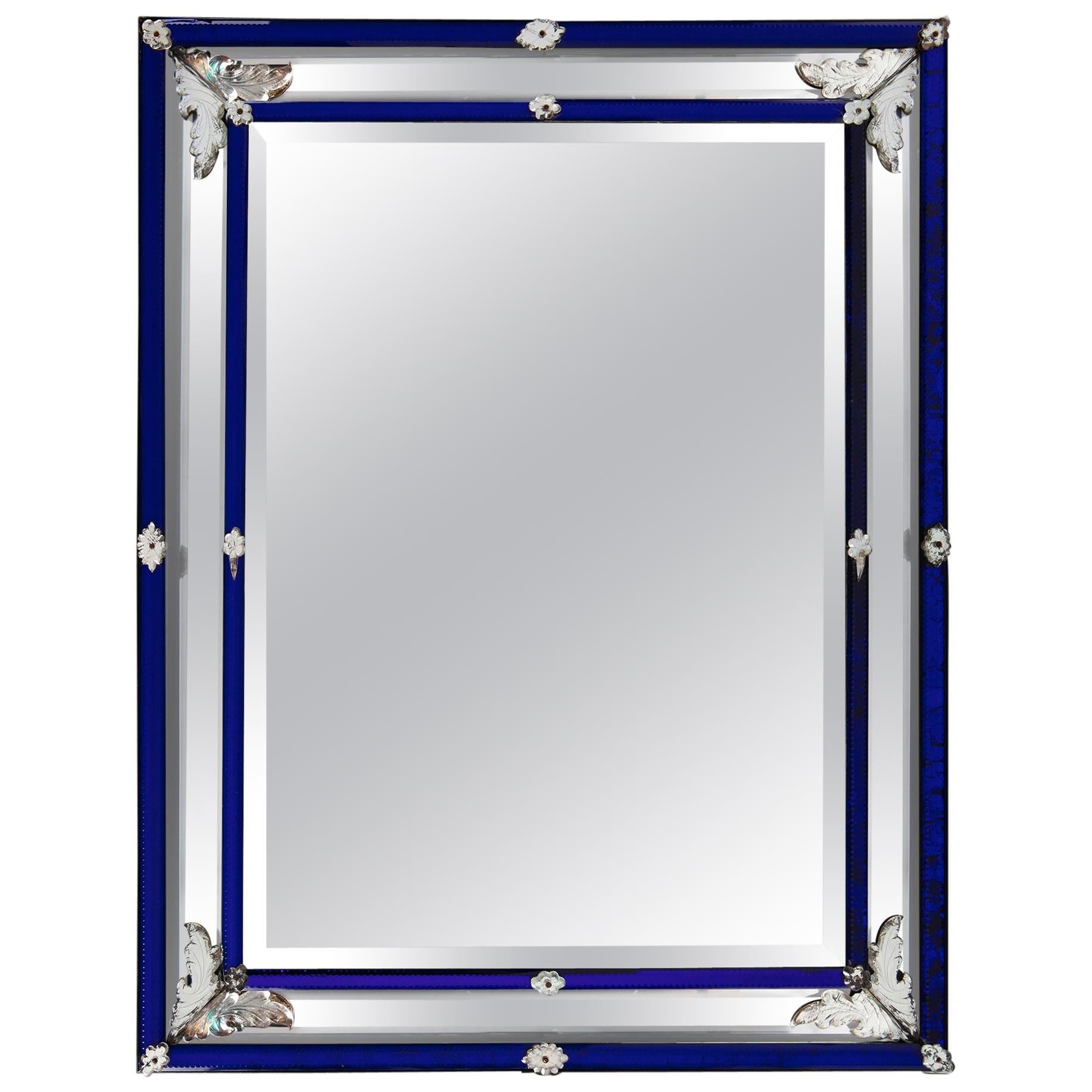 19th Century Venetian Mirror with Blue Glass Borders and Mercury Plate