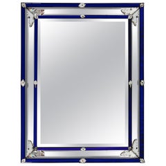 Antique 19th Century Venetian Mirror with Blue Glass Borders and Mercury Plate