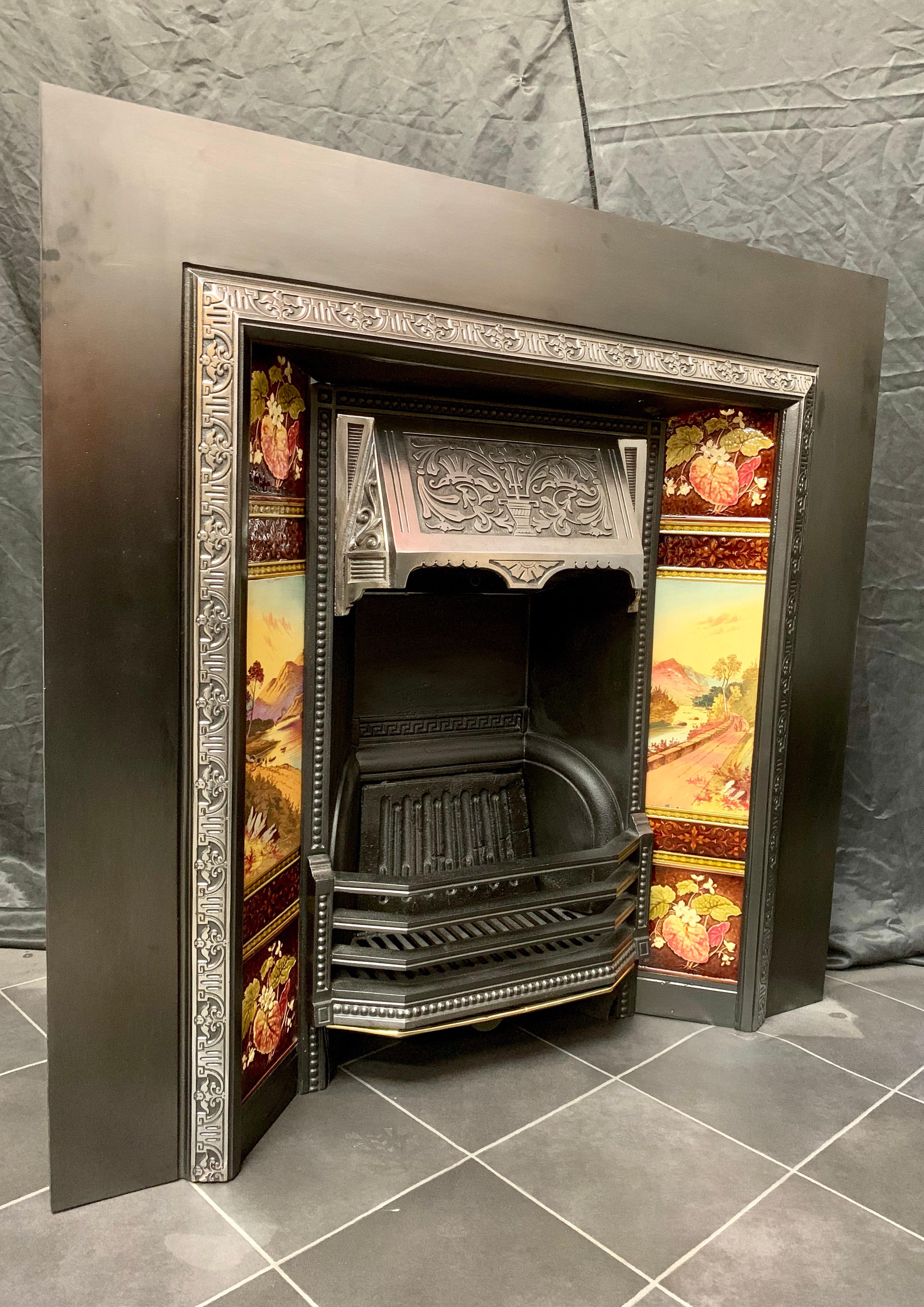 19th Century Victorian Cast Iron Tiled Fireplace Insert 2