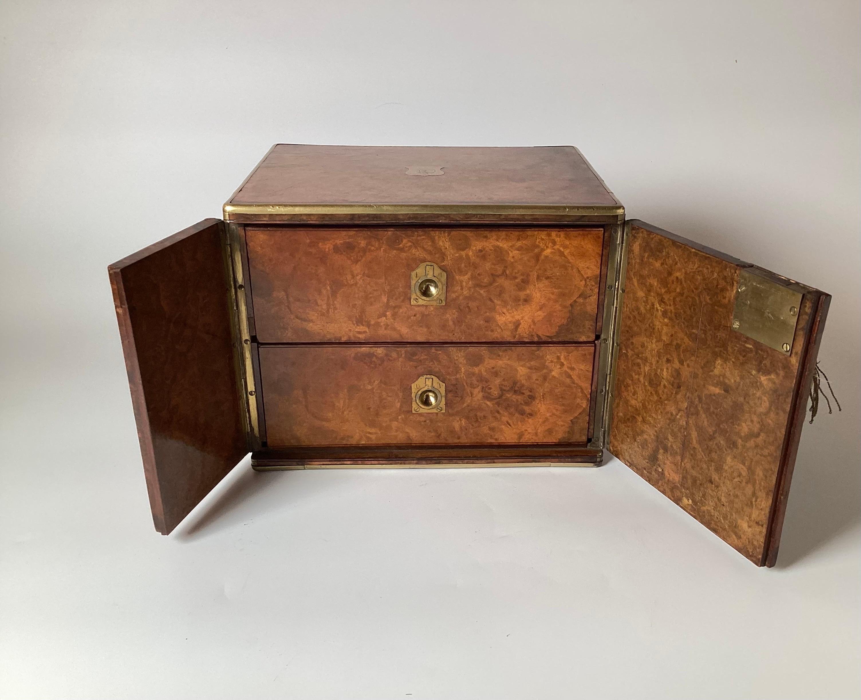English 19th Century Walnut and Brass Campaign Table Top Chest For Sale