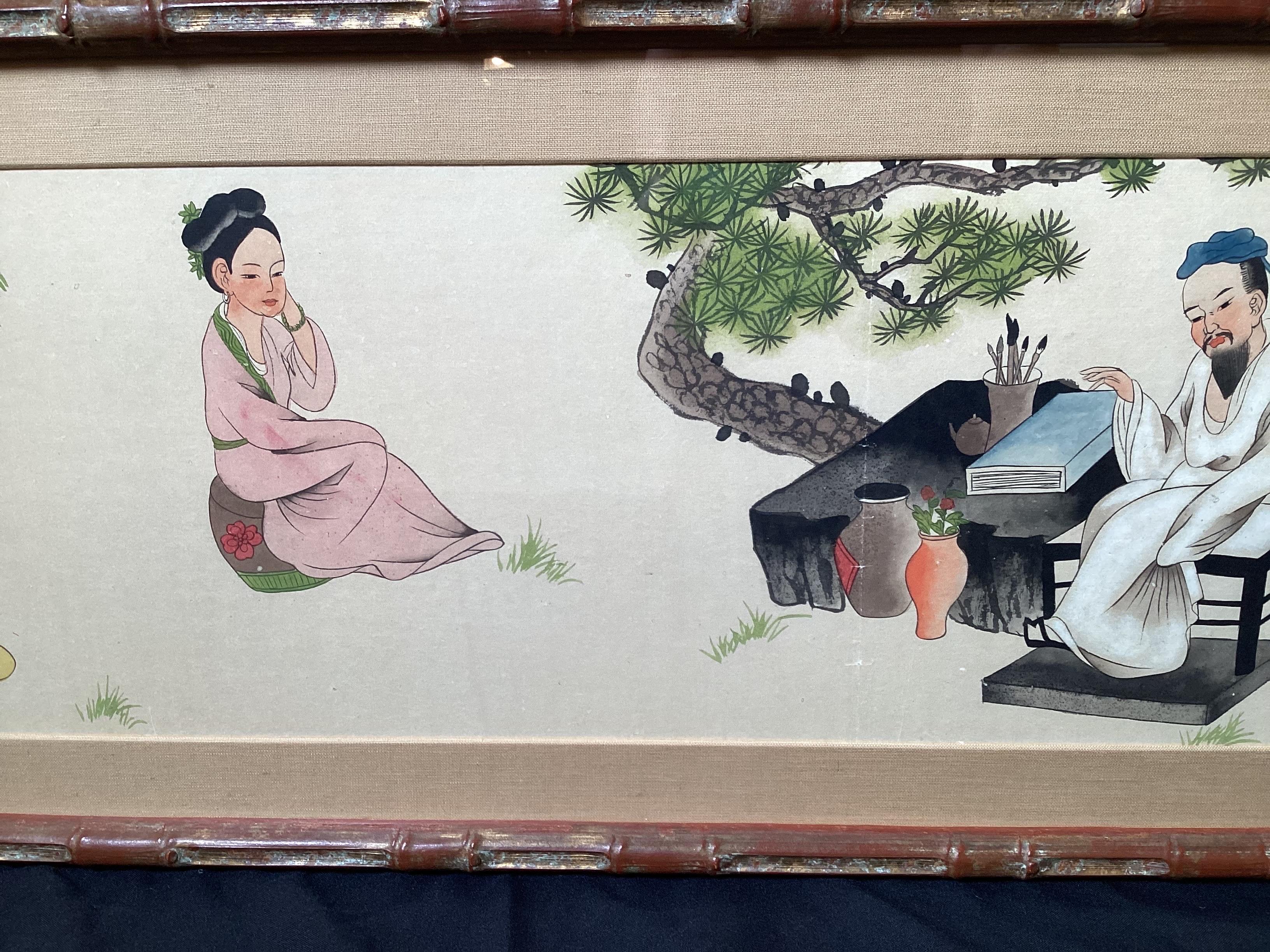 Chinoiseries Peinture à l'aquarelle du XIXe siècle représentant un érudit et ses étudiants en vente