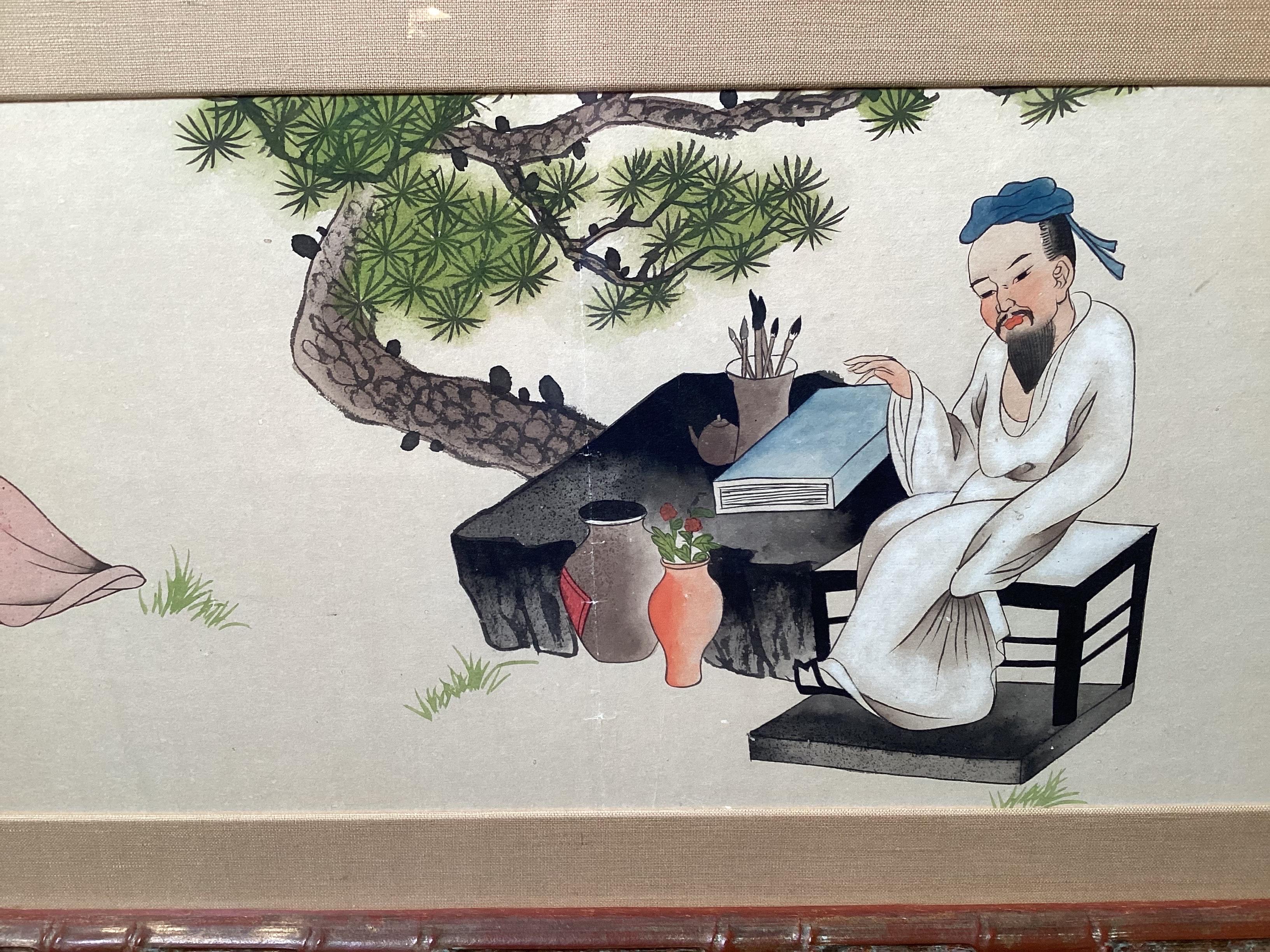 Chinois Peinture à l'aquarelle du XIXe siècle représentant un érudit et ses étudiants en vente