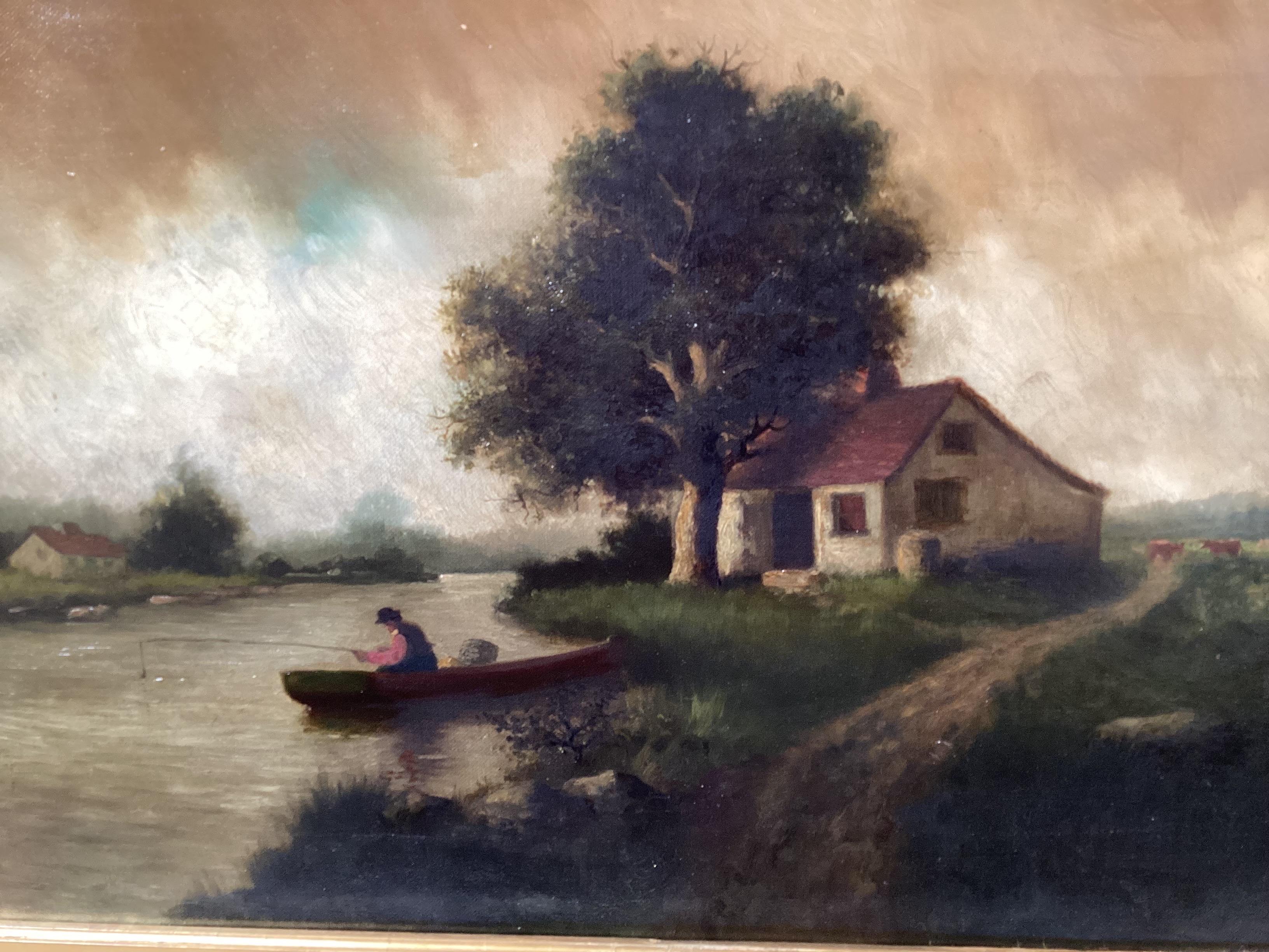 A 19th century oil painting on canvas signed and dated F. Rollin Smith, 1888. The serene waterscape of a cottage by the lake with a fisherman. The beautiful bucolic background is well painted and colorful. In original early giltwood frame