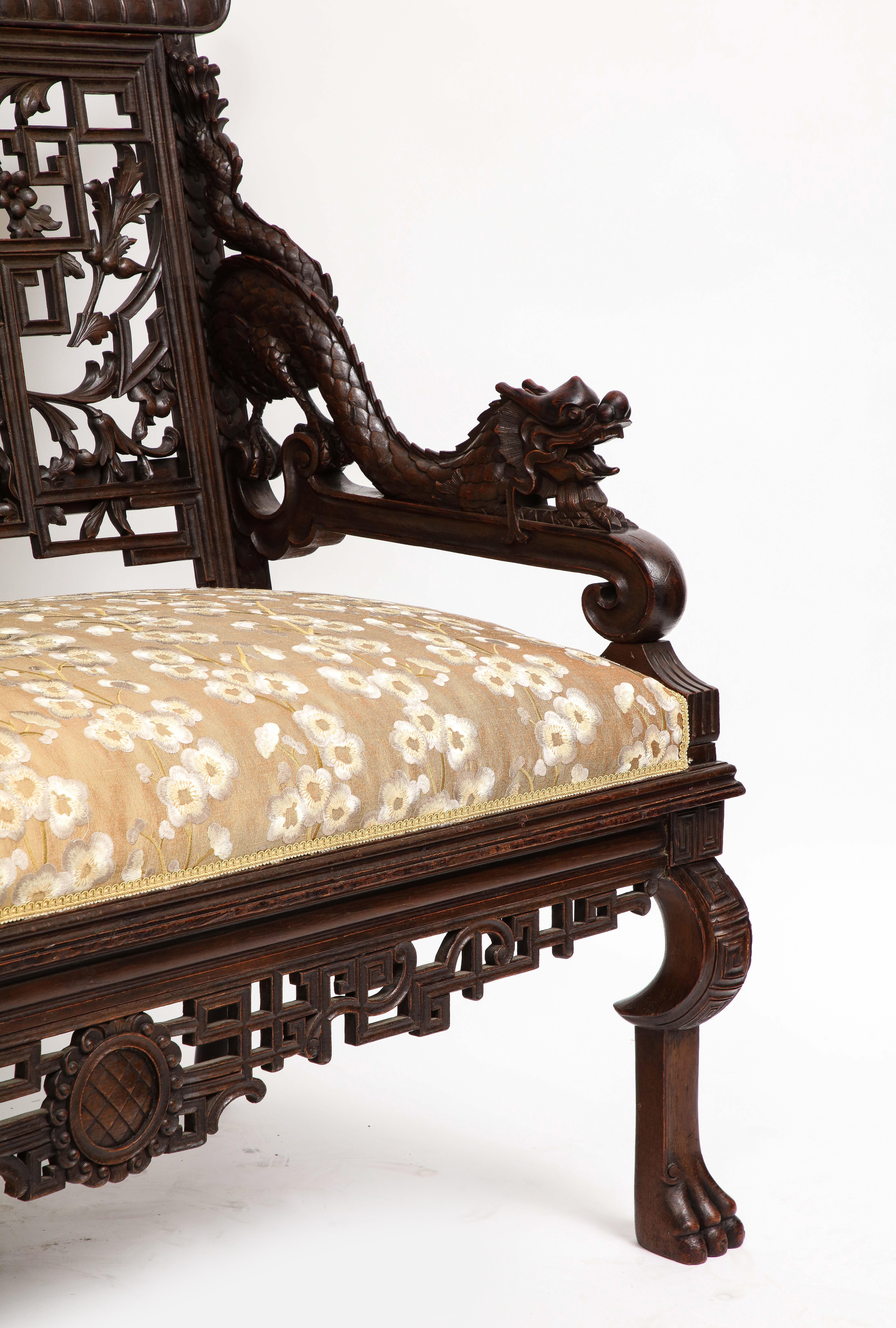 A 19th C.French Japanism Style Dragon Design Hardwood Sofa, by Gabriel Viardot For Sale 1