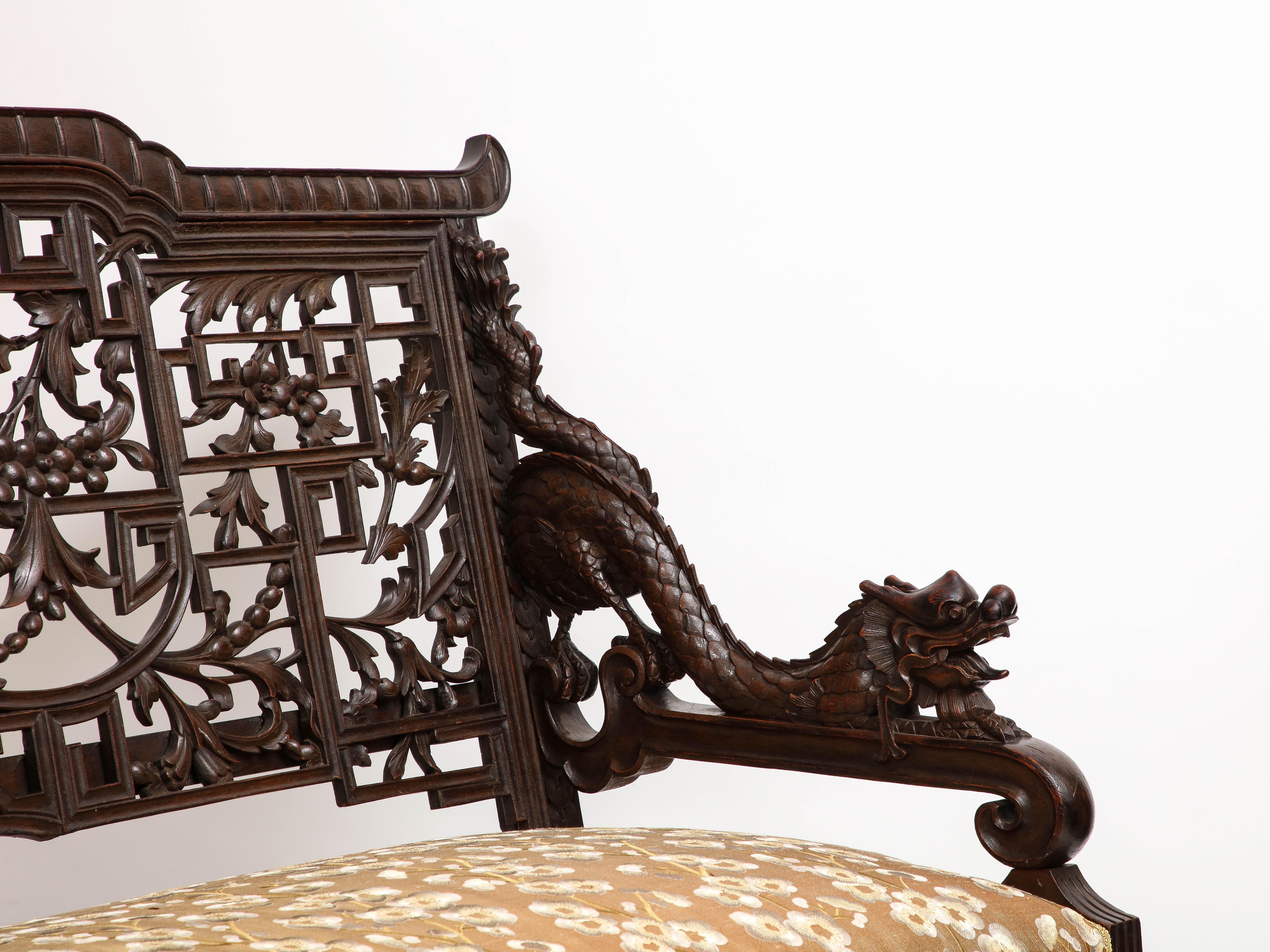 A 19th C.French Japanism Style Dragon Design Hardwood Sofa, by Gabriel Viardot For Sale 4
