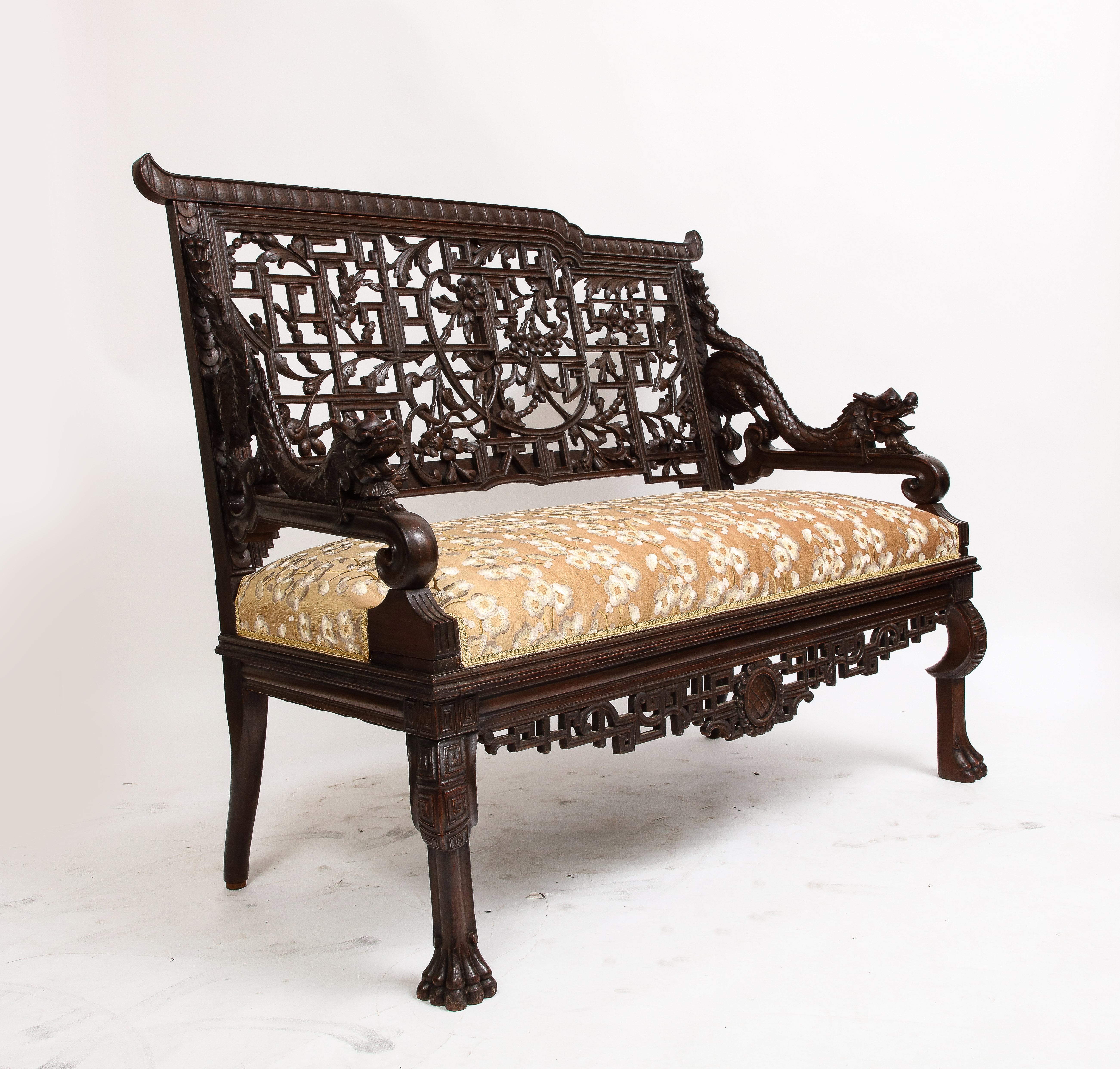 Japonisme A 19th C.French Japanism Style Dragon Design Hardwood Sofa, by Gabriel Viardot For Sale