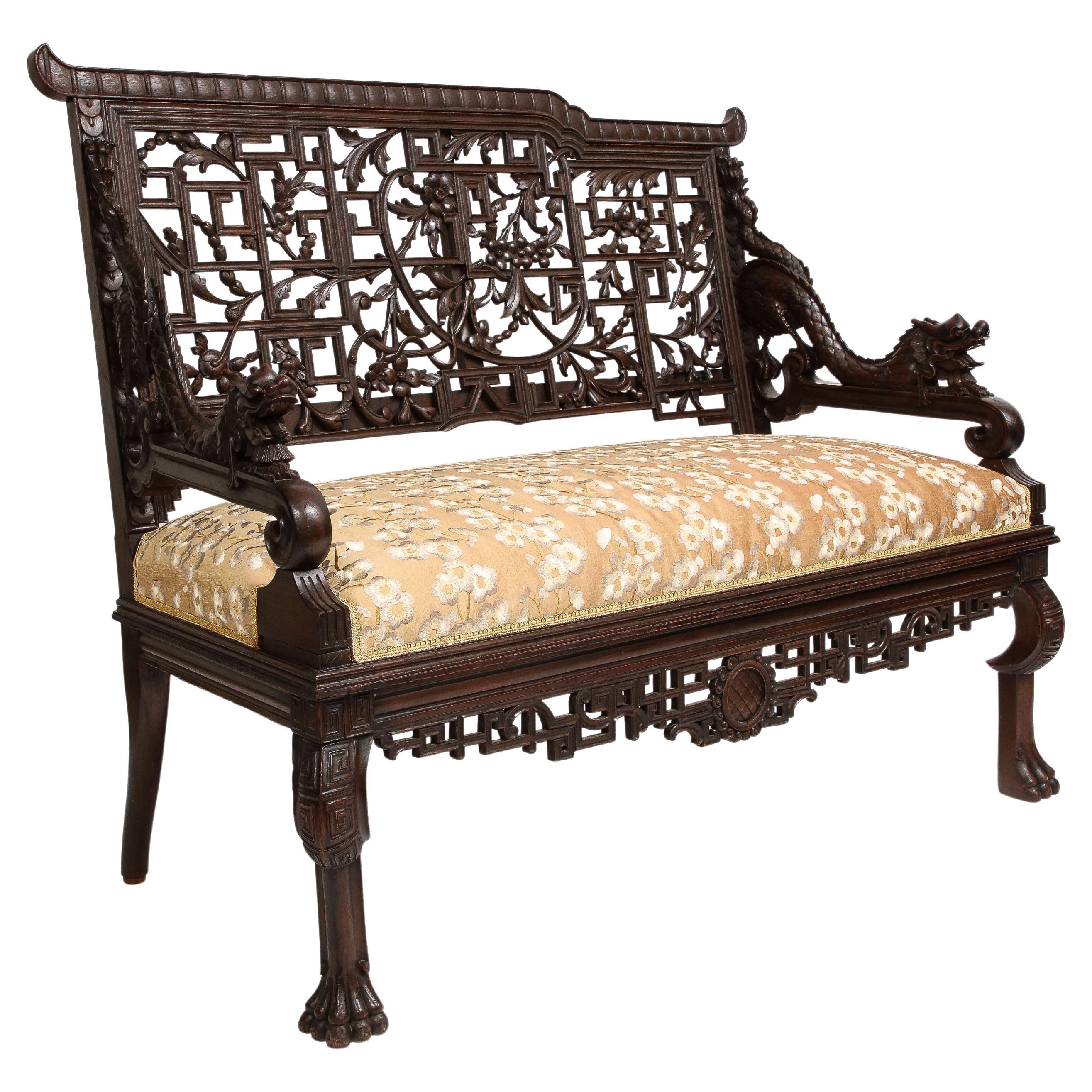 A 19th C.French Japanism Style Dragon Design Hardwood Sofa, by Gabriel Viardot For Sale