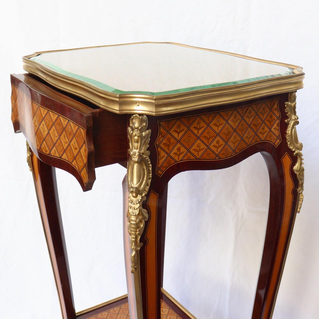 Glass 19th French Ormolu-Mounted Marquetry Table Ambulante