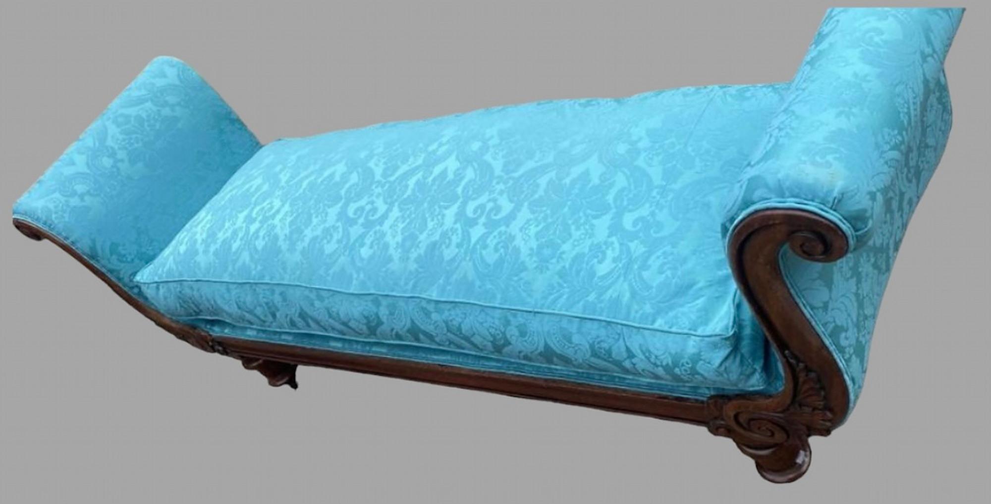 A 19th Century French Lit Bateau with twin scrolled ends, on turned legs and castors and professionally reupholstered in a lovely blue silk damask. Seat Height 55cm

Lit Bateau - French Bed usually in shape of a boat.
