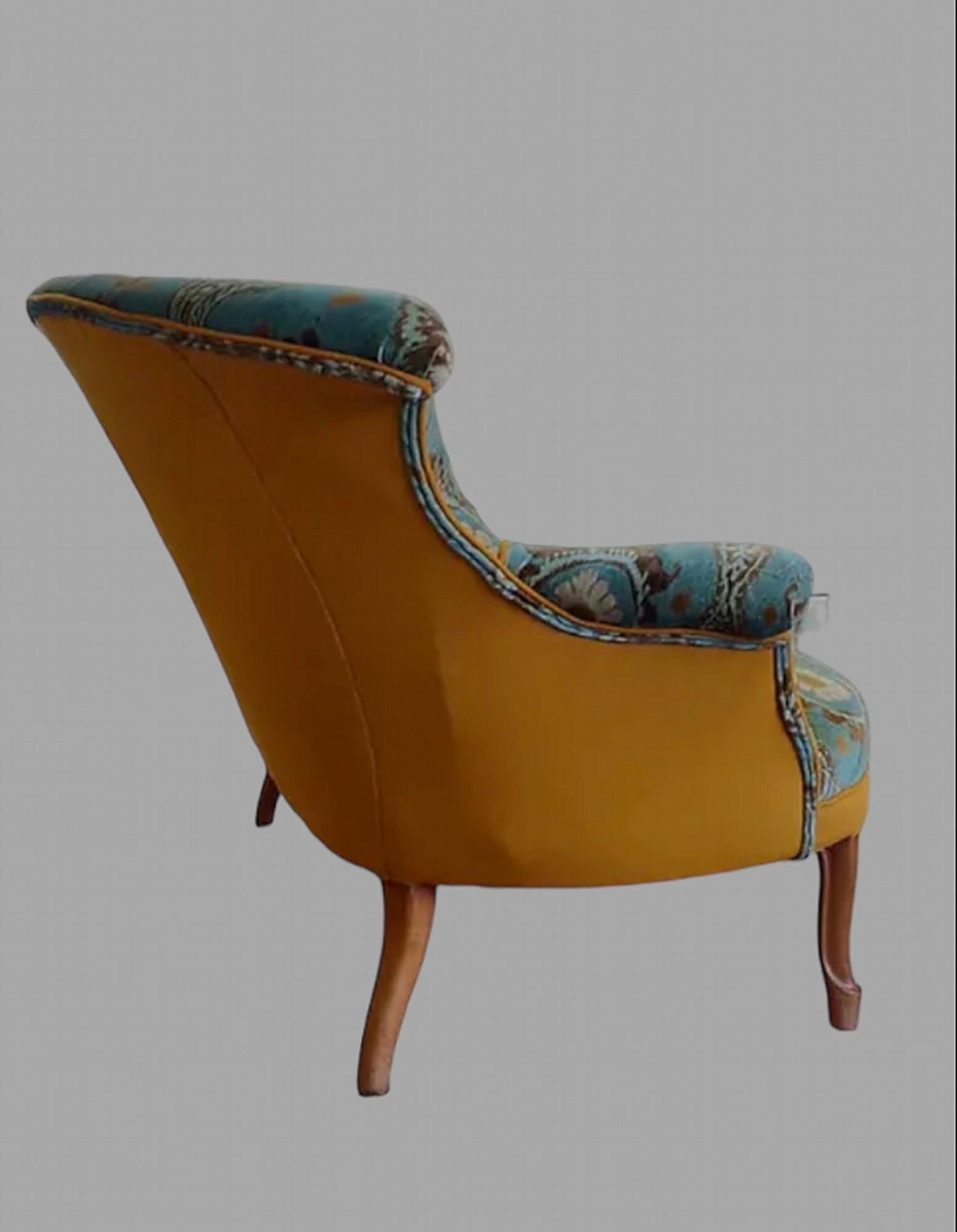 A Very Attractive 19thc French Two Seater Canape on slender carved cabriole legs triple piped in the linen and the velvet and button detail on the back of the sofa in gold a Lewis and Wood velvet colour Marina and with a plain linen otherwise a