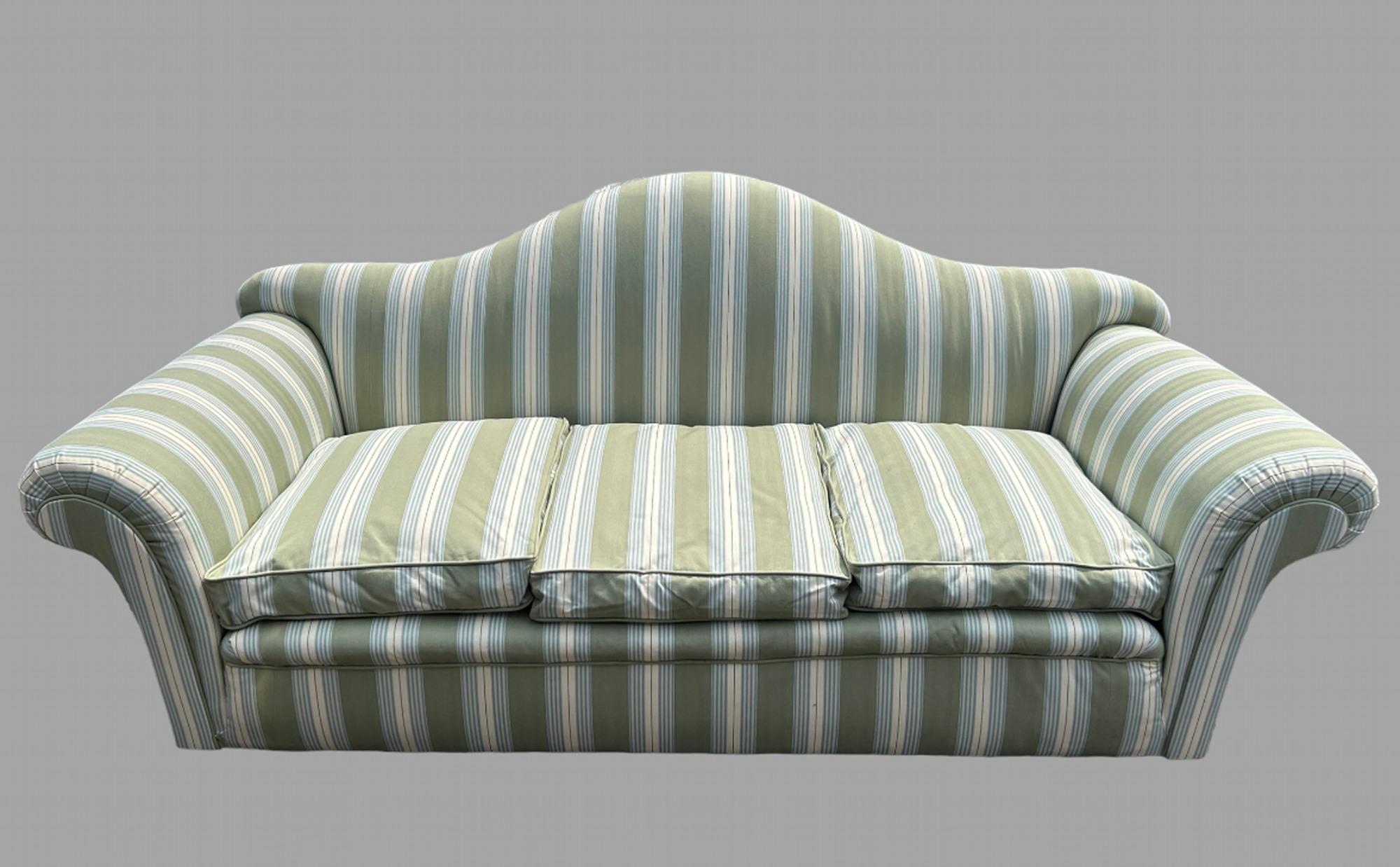 A 19th Century Camel Backed Sofa that has been professionally recovered in an Ian Mankin 'Panama Stripe' sea green/sage colourway with Arm Height 63 cm and Seat height 46 cm