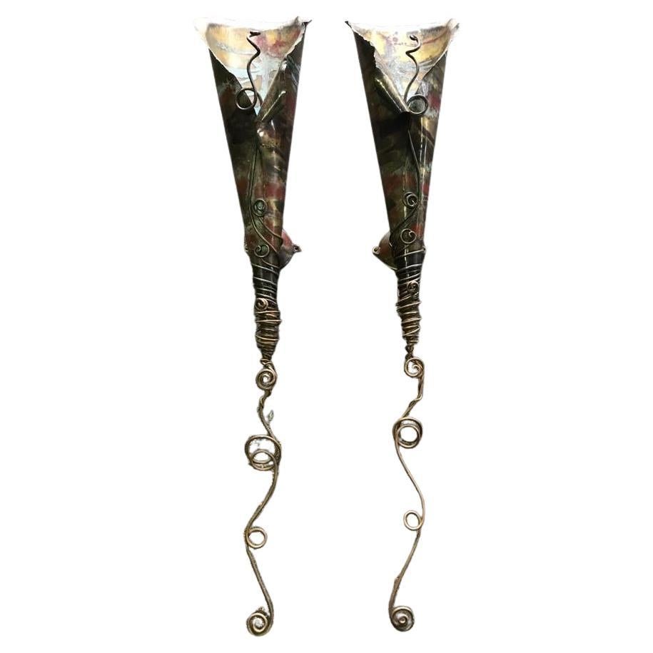 20th Century English Pair of Copper Hammered Wall Torches For Sale