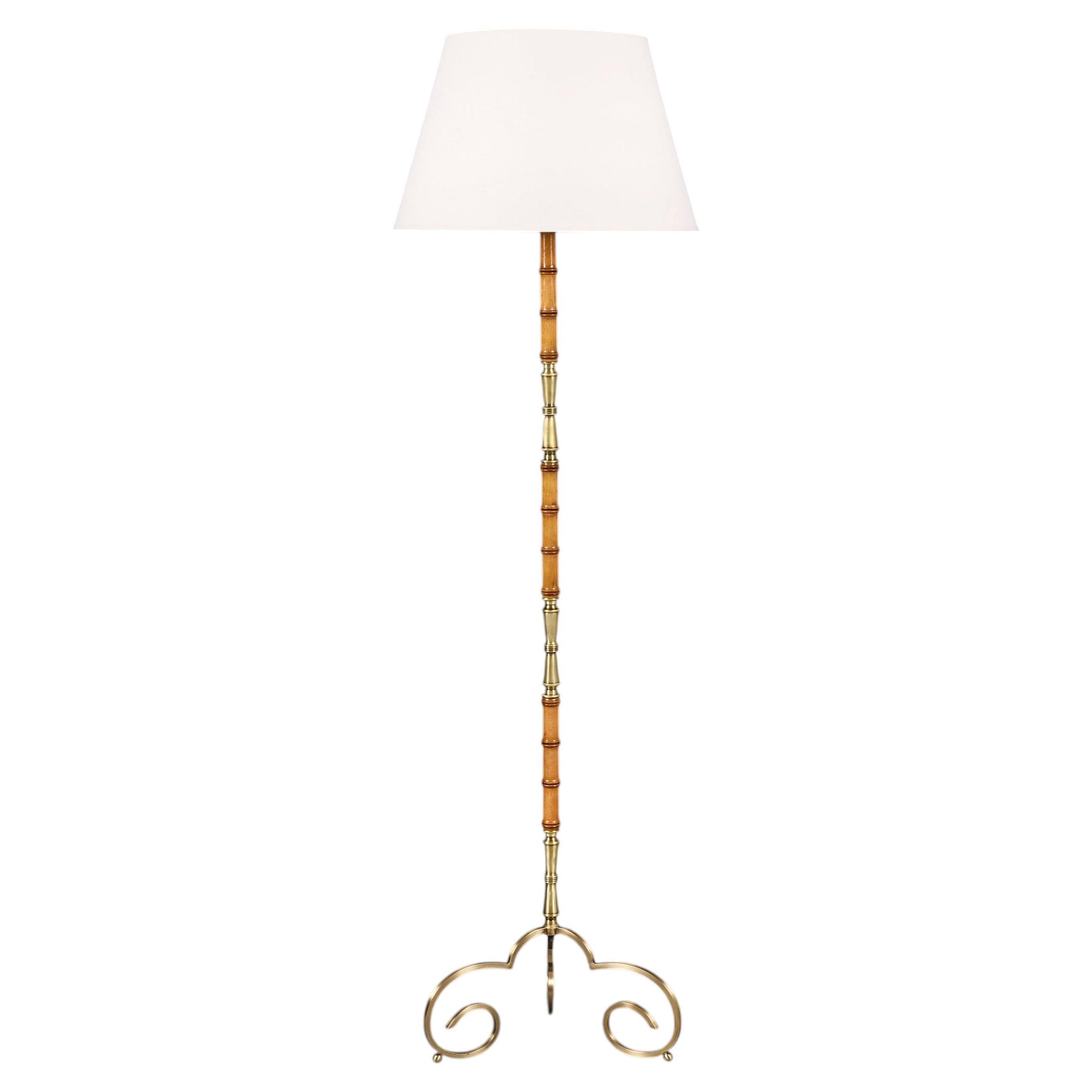 A 20th Century French Brass and Wooden Faux Bamboo Floor Lamp