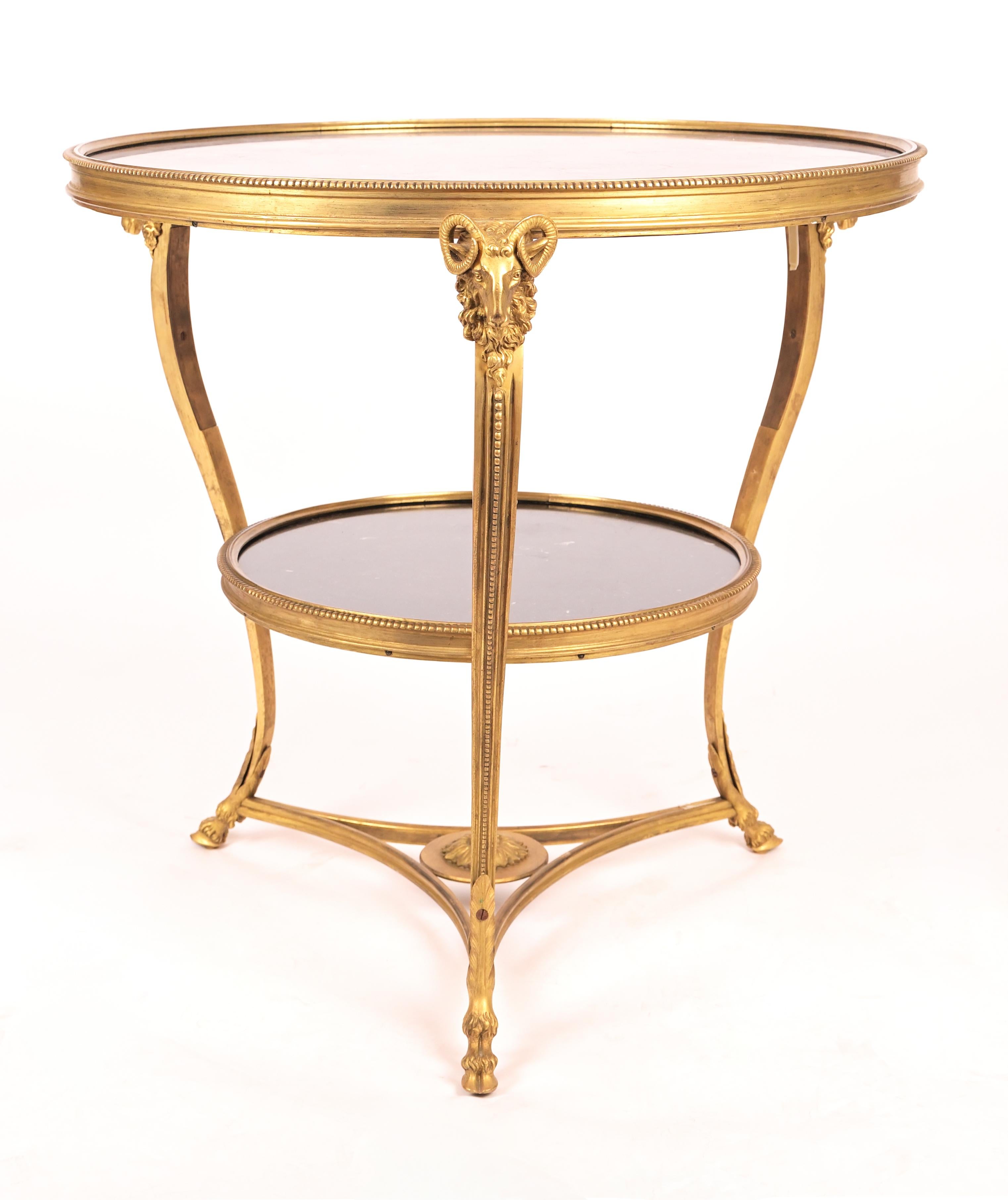 A French Louis XV- style gueridon. The two tiered bronze frame with inset black marble surfaces respected diameters 28