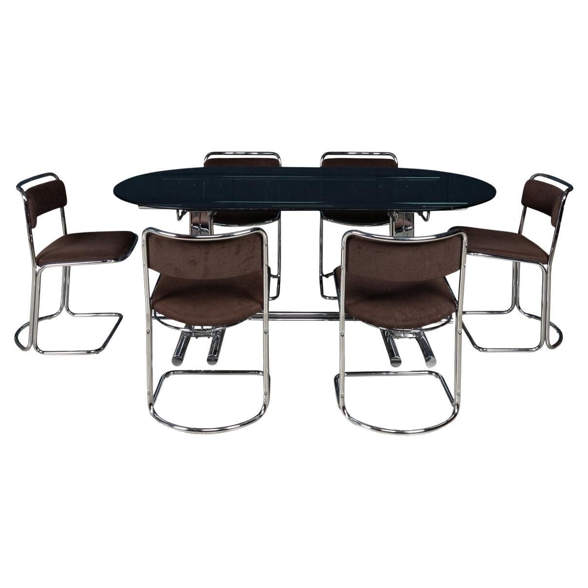 A 20th Century Italian Geometric Chrome & Glass Dining Table With Six Chairs