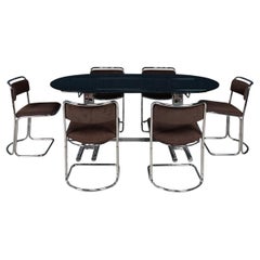 Mesa de comedor geométrica italiana del siglo XX, cromada y de cristal, con seis sillas