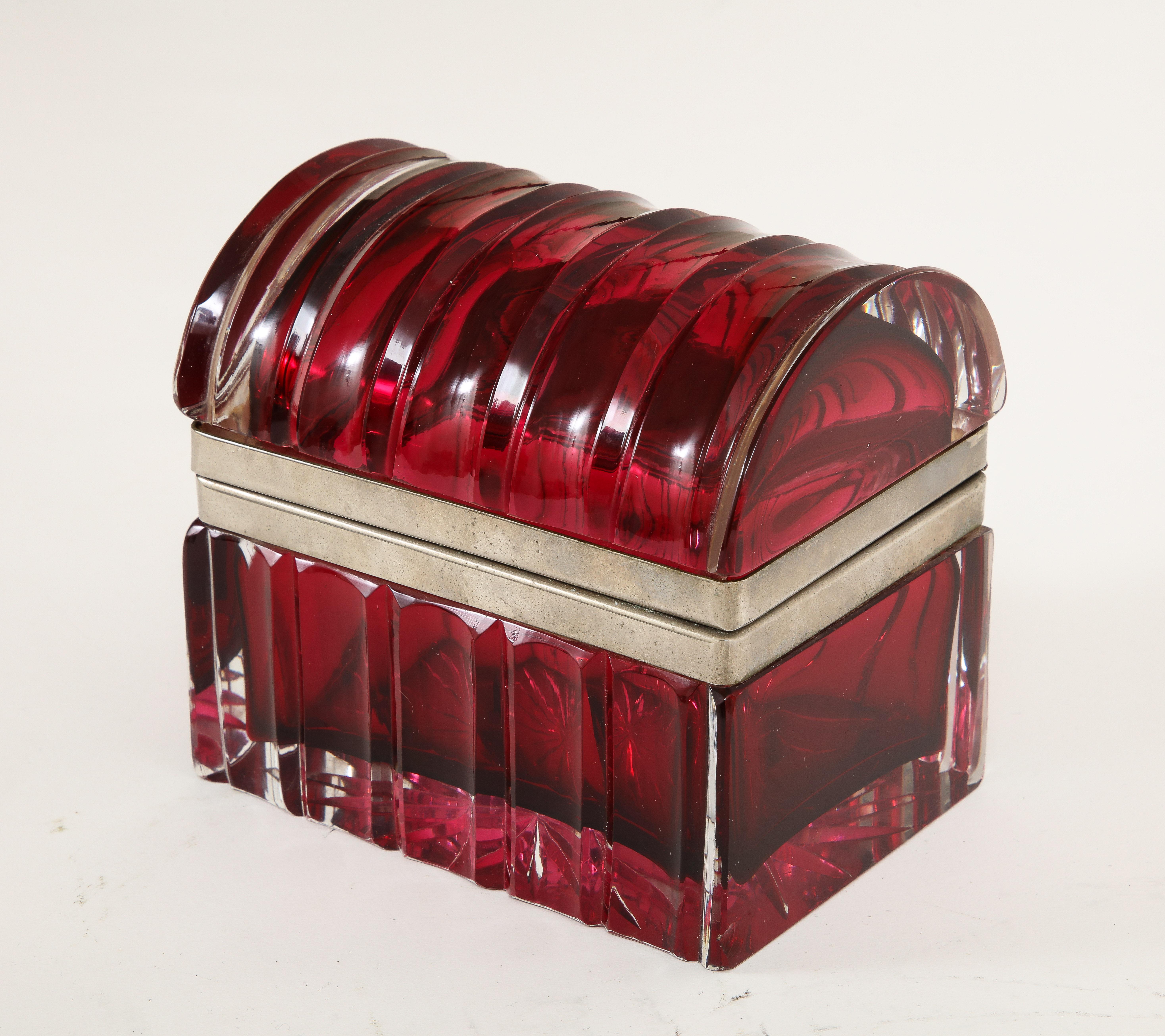 Hand-Carved 20th Century Italian Silvered Bronze Mounted Clear-over-red Domed Crystal Box For Sale