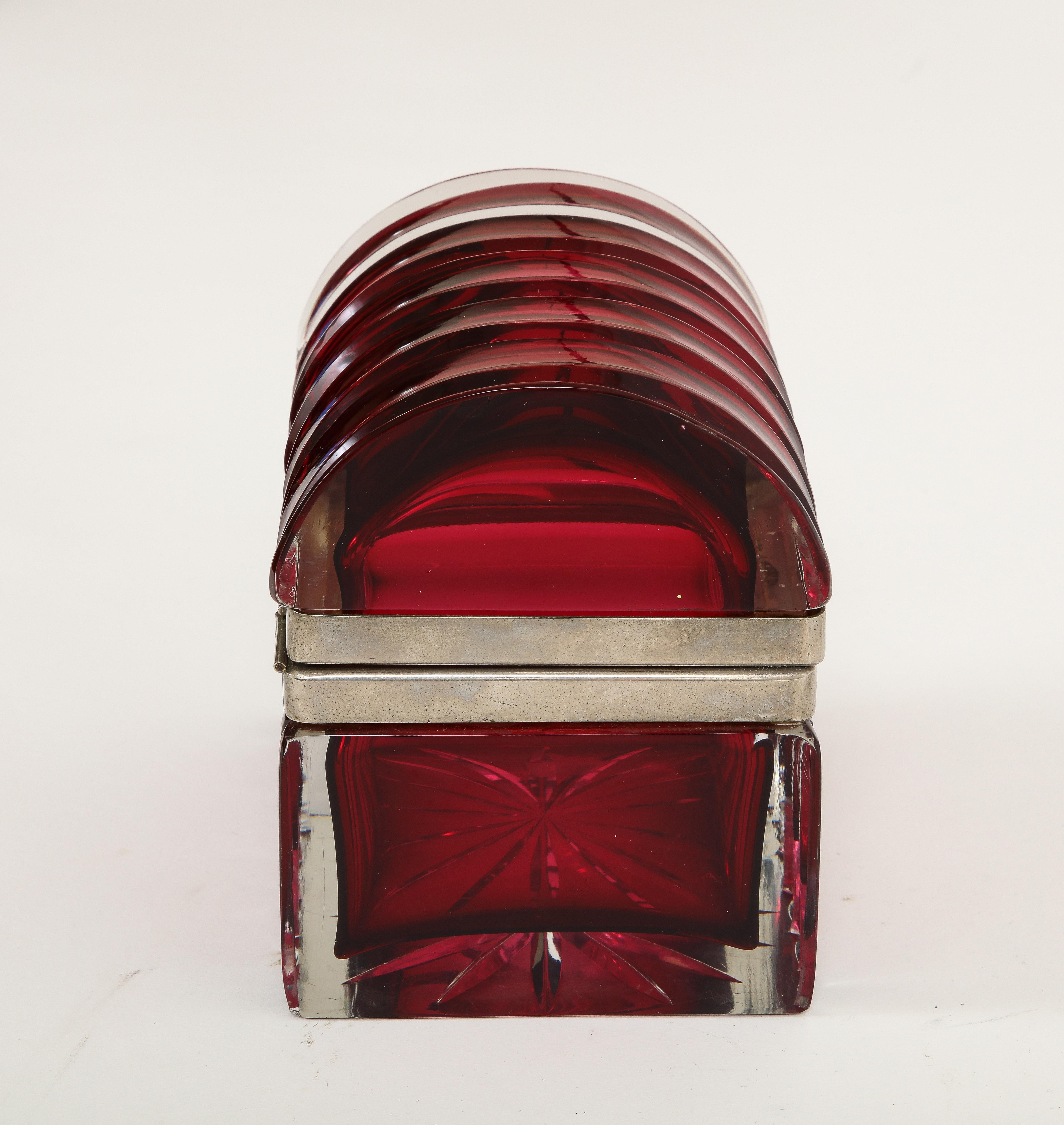 20th Century Italian Silvered Bronze Mounted Clear-over-red Domed Crystal Box In Good Condition For Sale In New York, NY