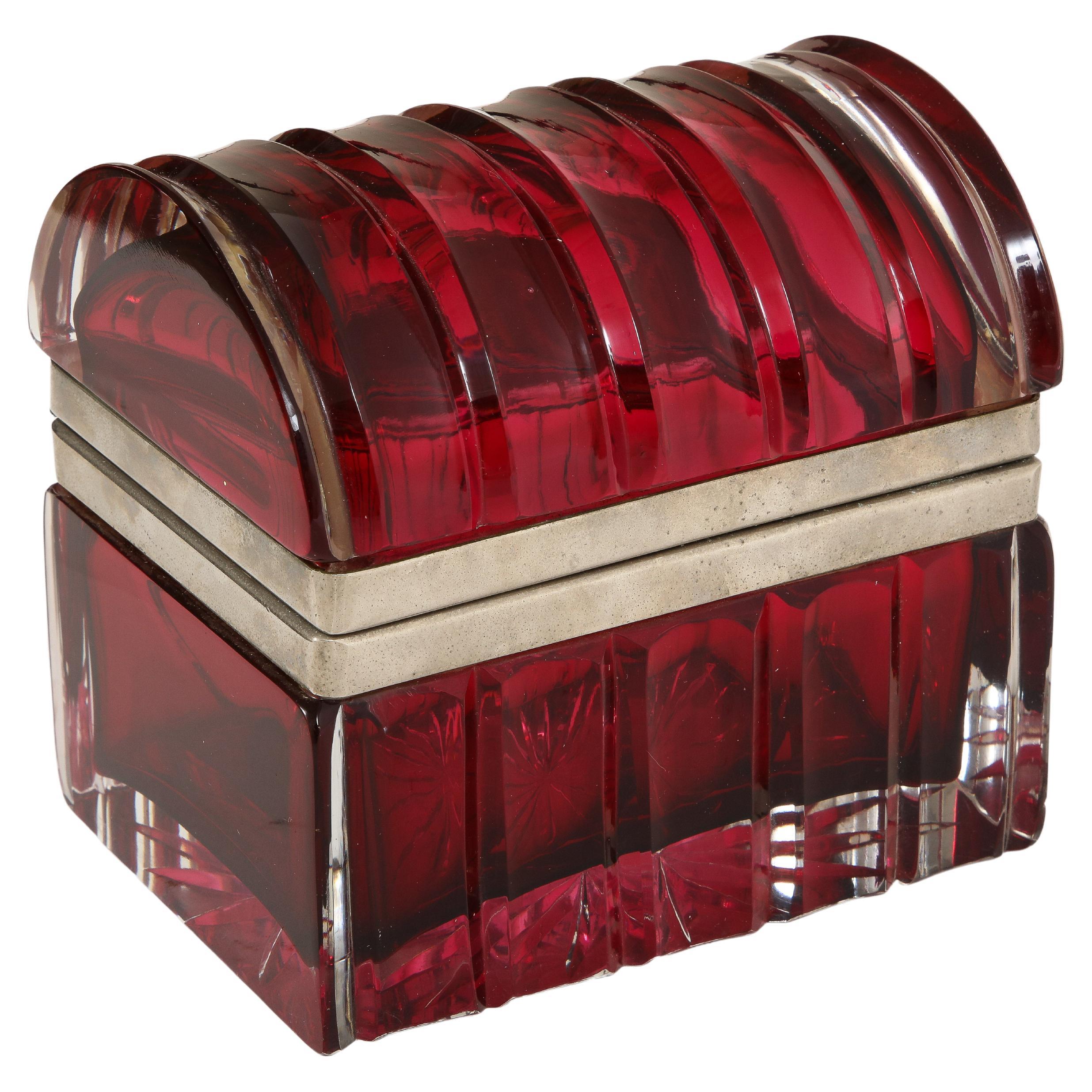 20th Century Italian Silvered Bronze Mounted Clear-over-red Domed Crystal Box For Sale