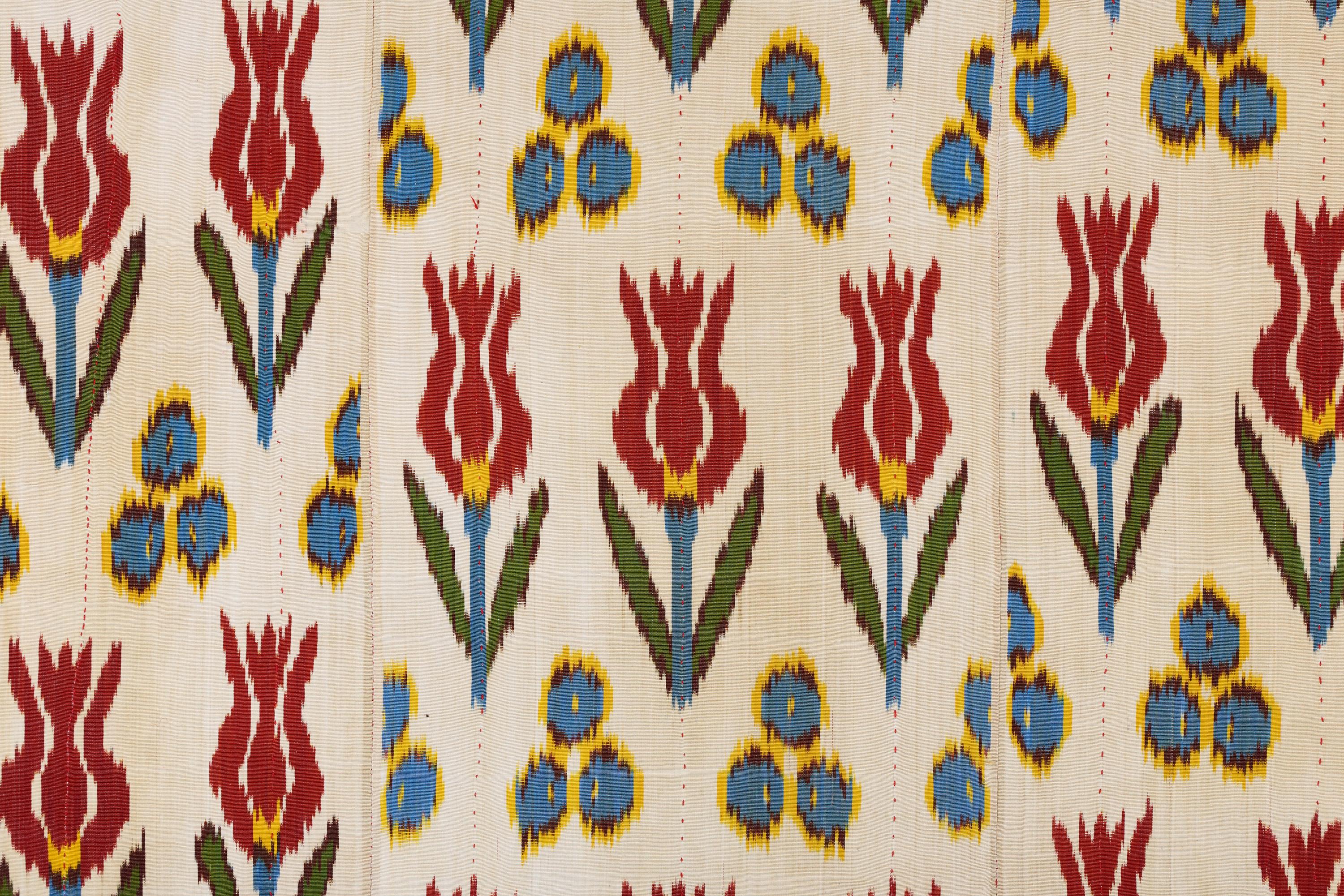 Dyed A 20th Century Large Tulip Pattern Uzbekistan Silk Ikat Panel For Sale