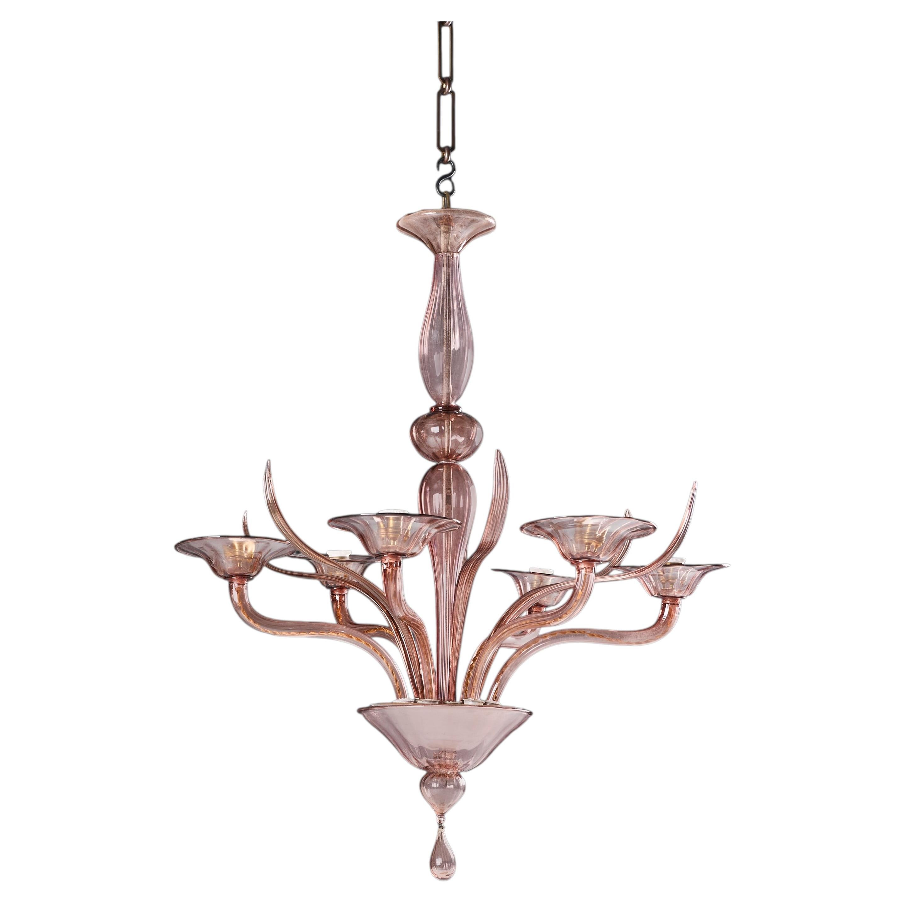 A 20th Century Murano Glass Dusky Pink Six Arm Chandelier
