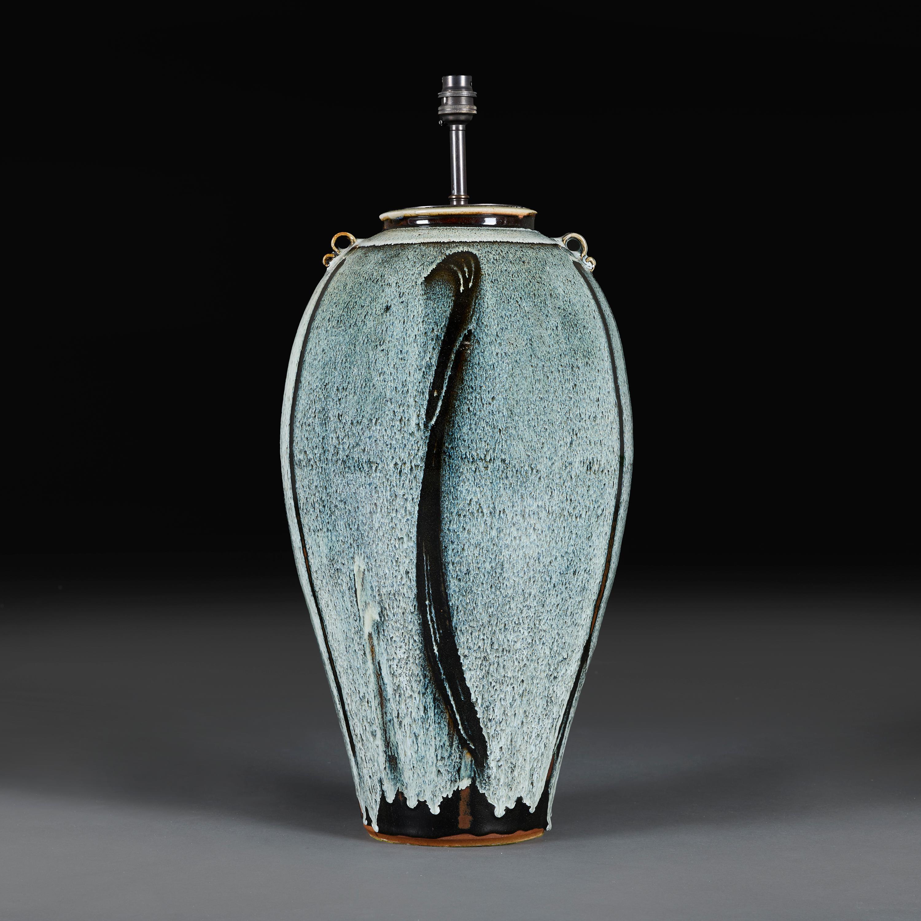 Mid-Century Modern A 20th Century Overscale Blue Flambe Pottery Vase as a Lamp For Sale